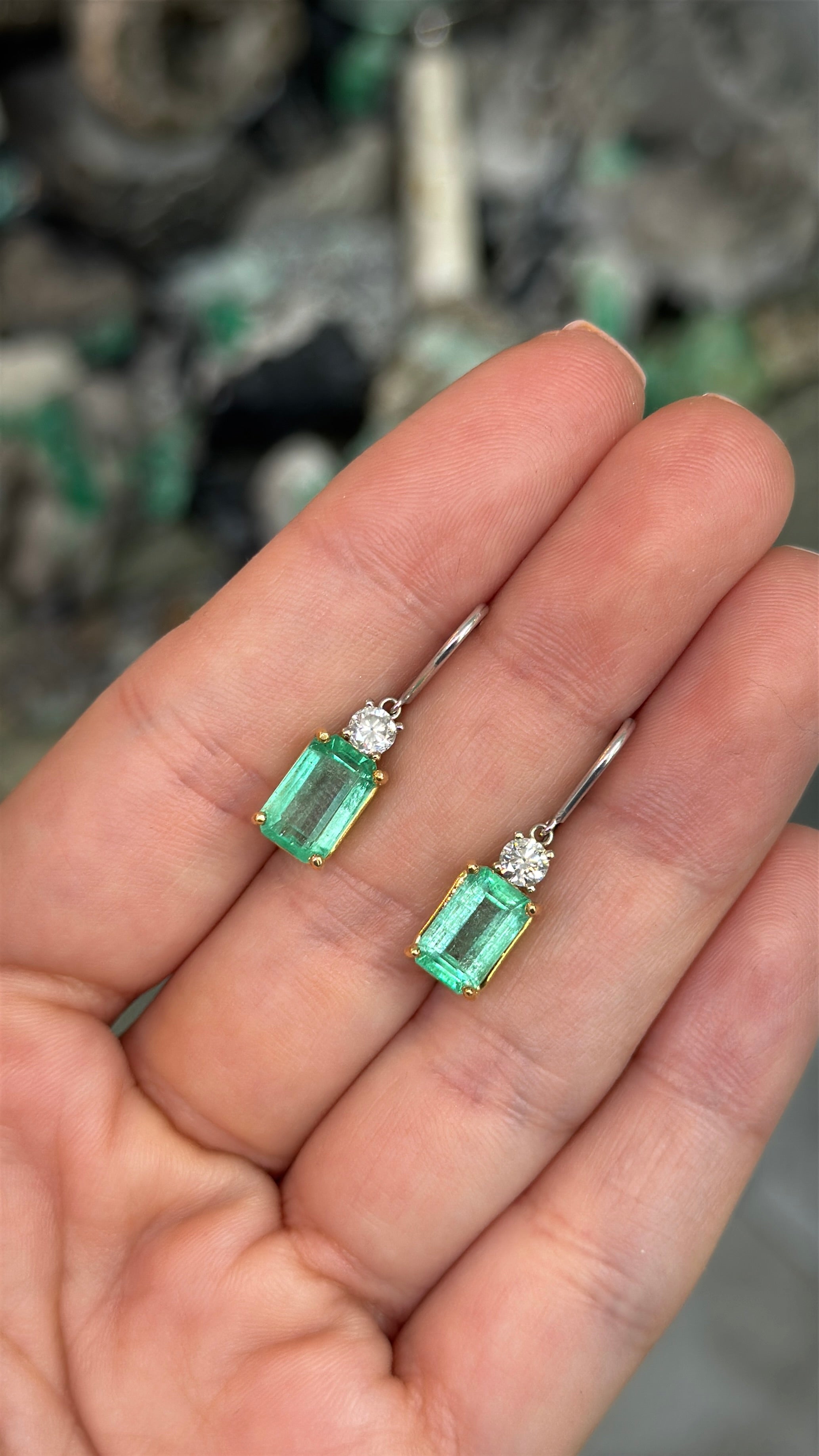 5.29tcw Colombian Emerald & Diamond Accent French Hook Earrings 18K Two Toned