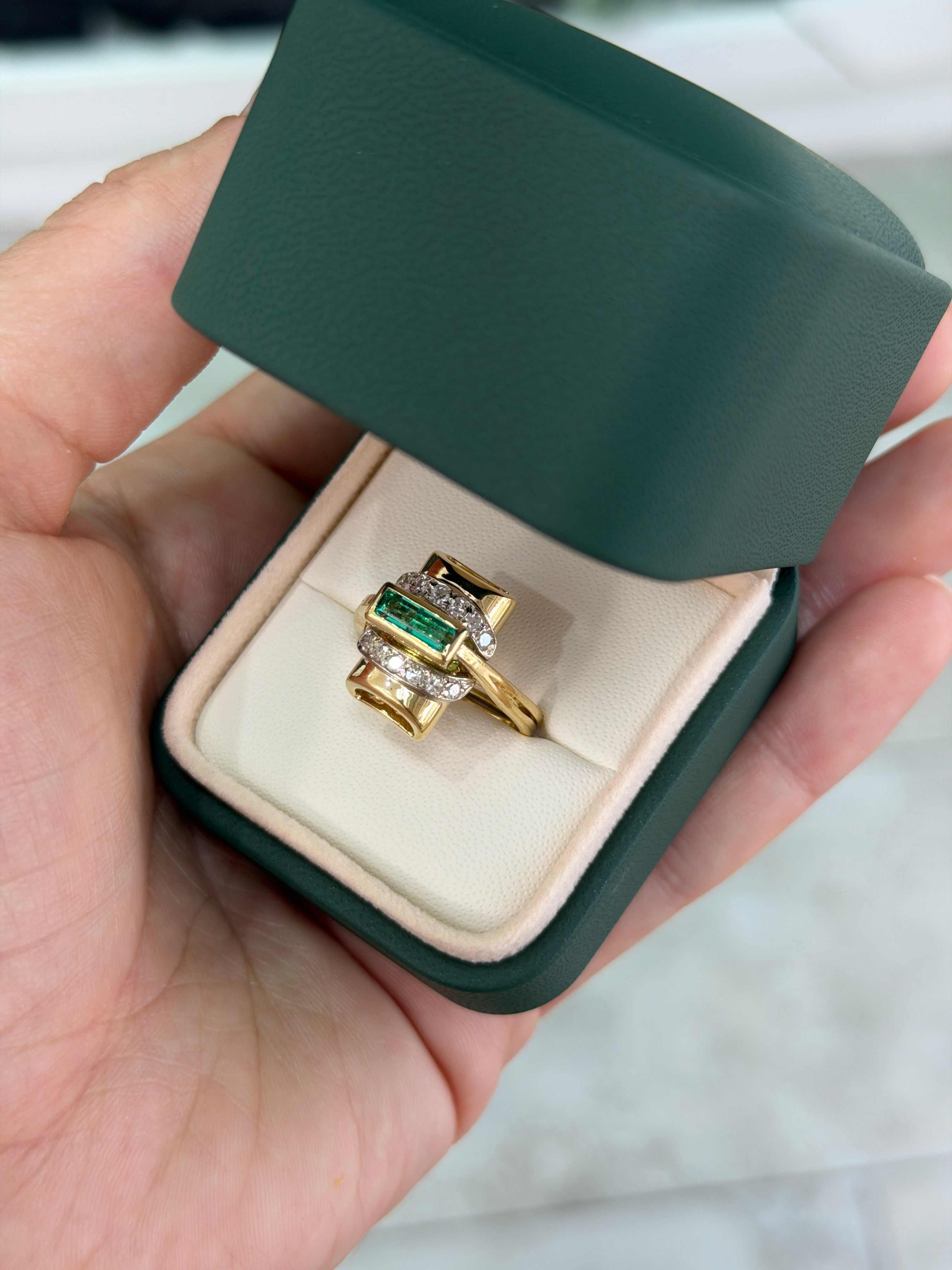 1.66tcw 18K Vintage Colombian Emerald Baguette & Diamond Accent Two Toned Statement Ring