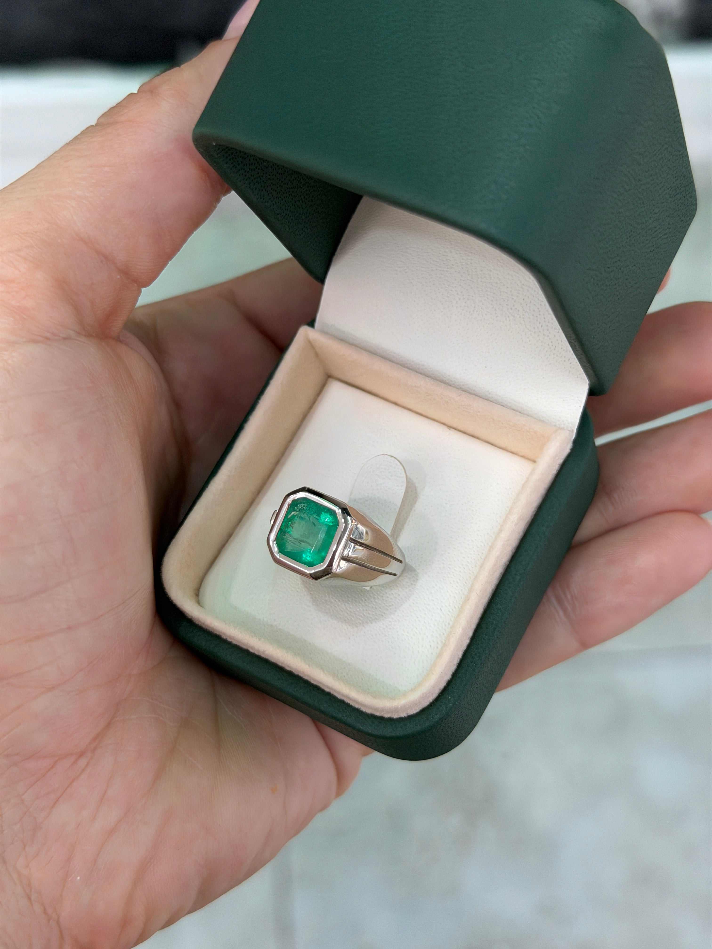 3.25ct Asscher Cut Colombian Emerald Solitaire Pinky Signet Ring 14K White Gold