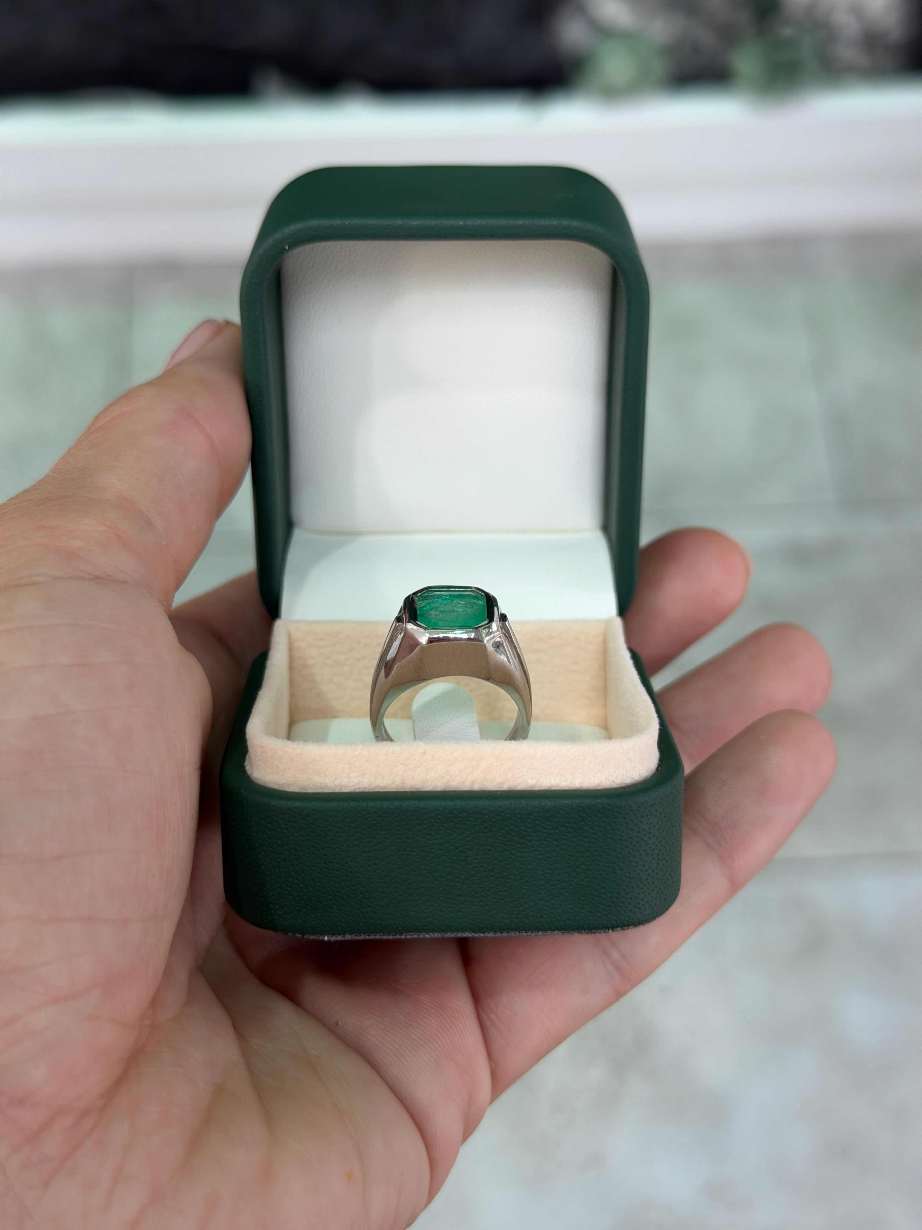 3.25ct Asscher Cut Colombian Emerald Solitaire Pinky Signet Ring 14K White Gold