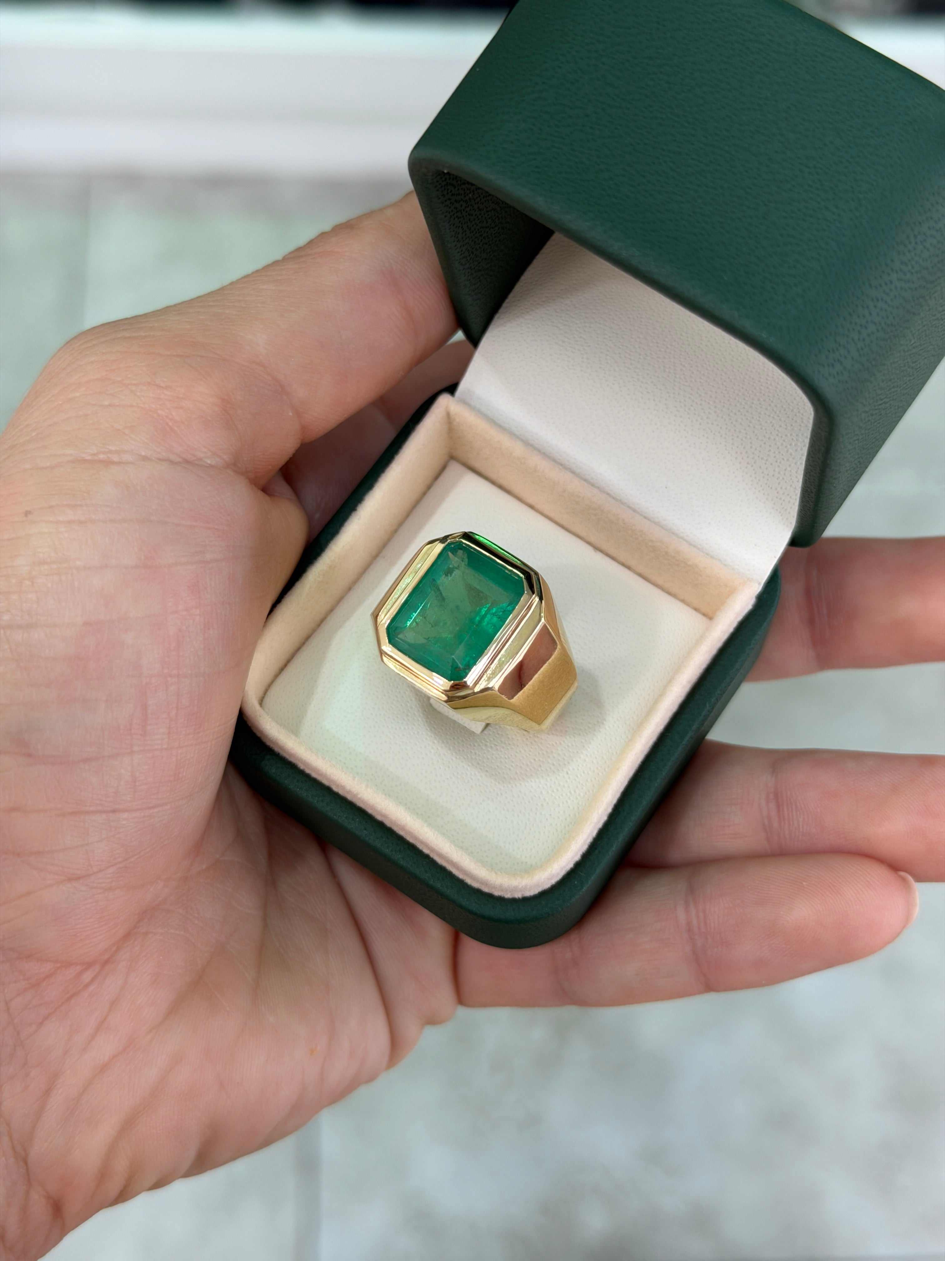 9.64ct 14K XL Bezel Set Emerald Cut Emerald Men's Signet Ring