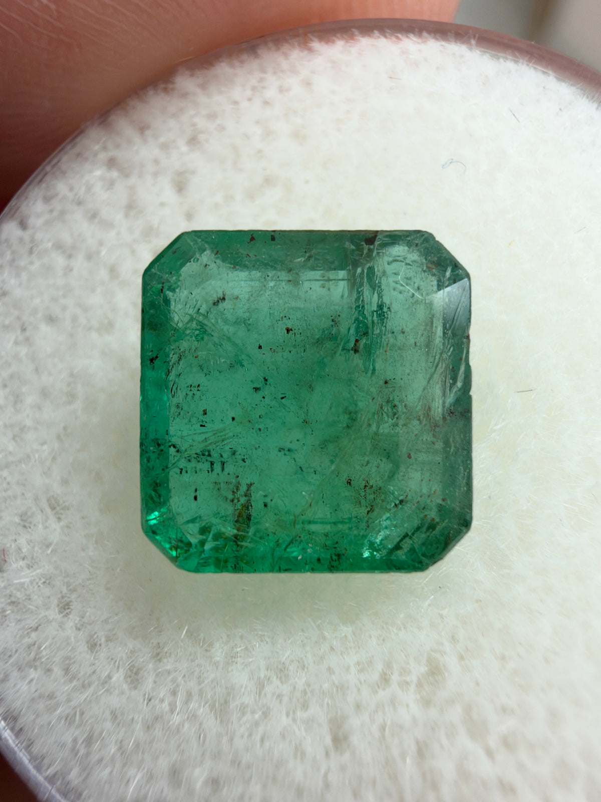 3.78 carat 9.5×9.2 mm Medium Moss Freckled Green Earth-Mined Loose Zambian Emerald- Asscher Cut