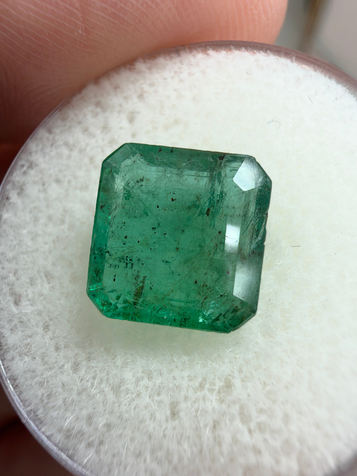 3.78 carat 9.5×9.2 mm Medium Moss Freckled Green Earth-Mined Loose Zambian Emerald- Asscher Cut