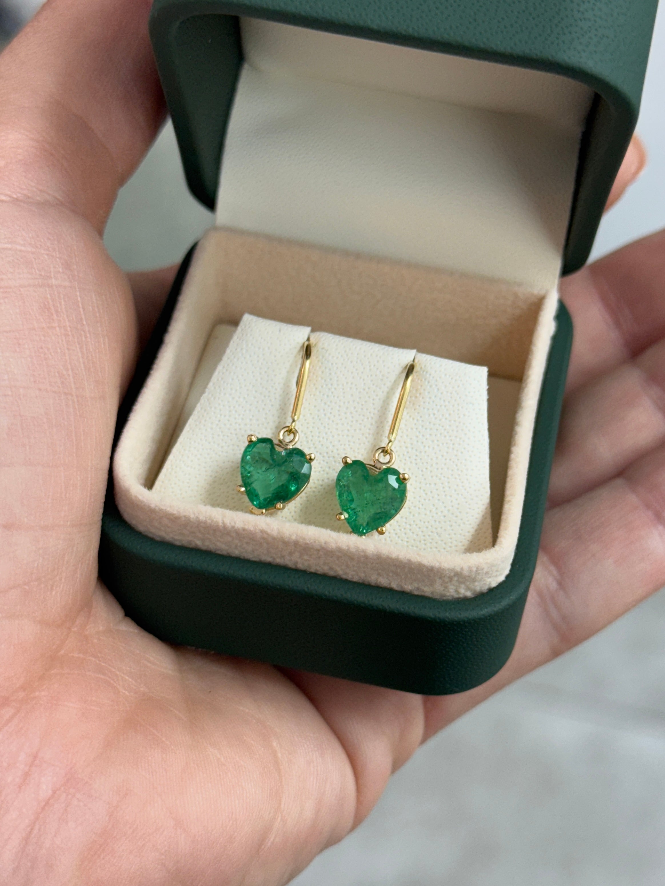3.43tcw Natural Heart Emerald French Hook Earrings 18K
