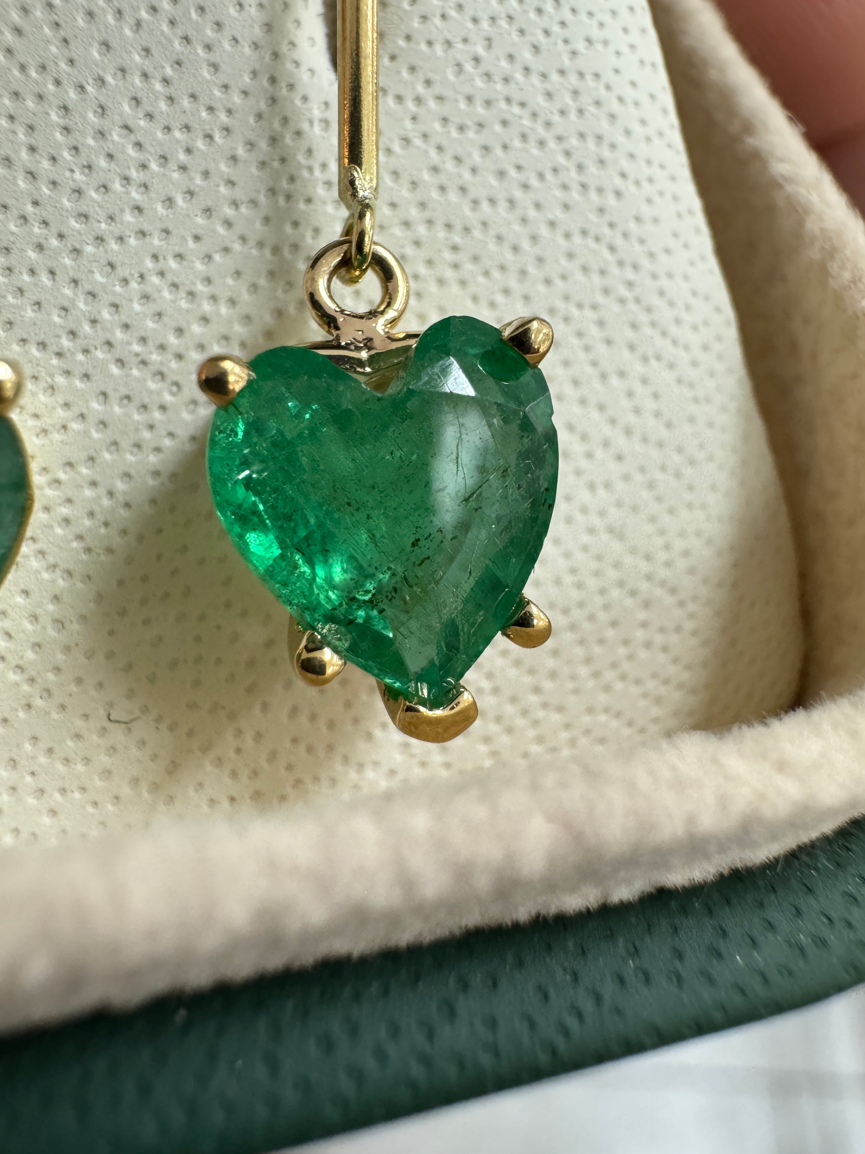 3.43tcw Natural Heart Emerald French Hook Earrings 18K