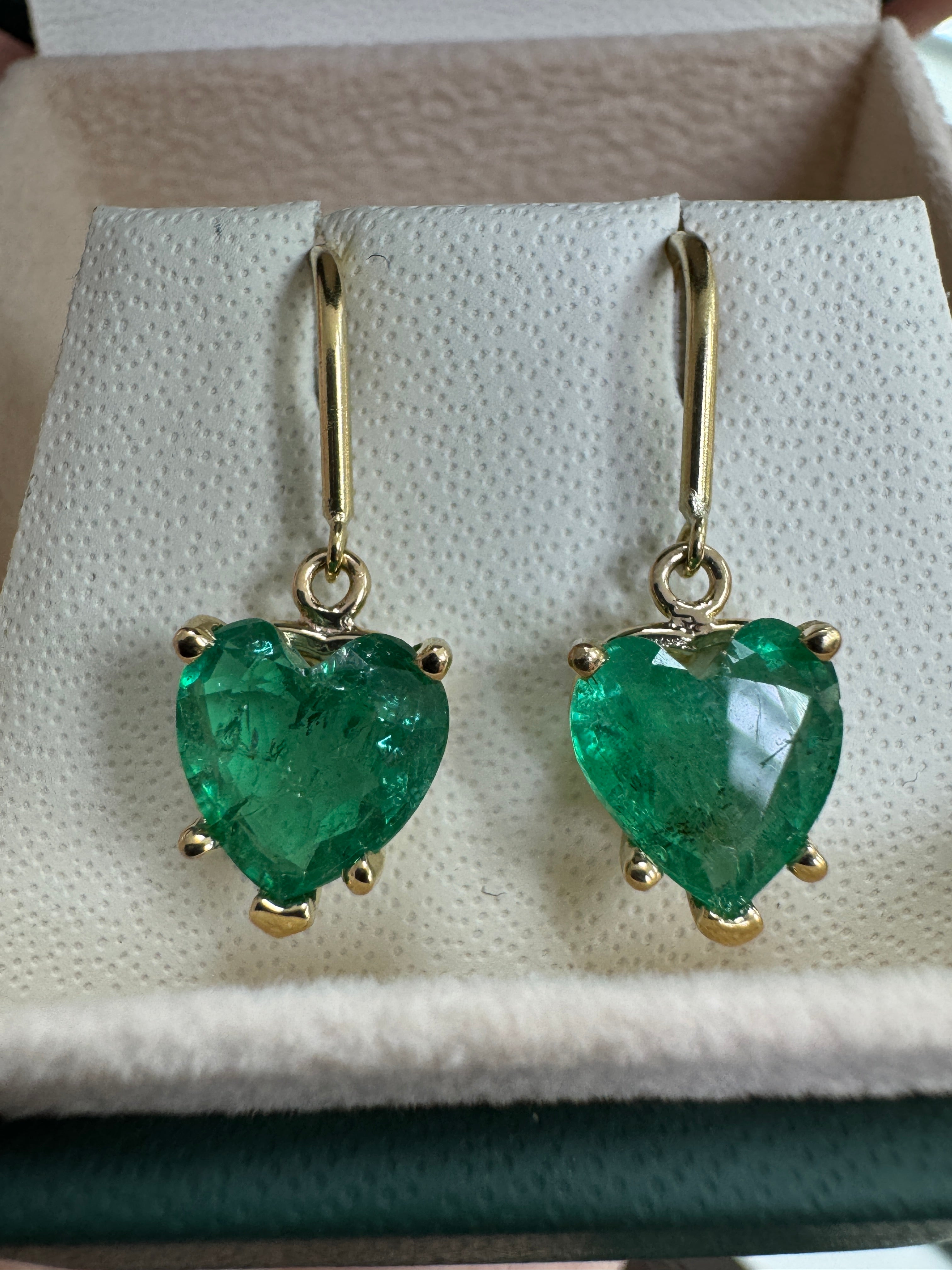 3.43tcw Natural Heart Emerald French Hook Earrings 18K