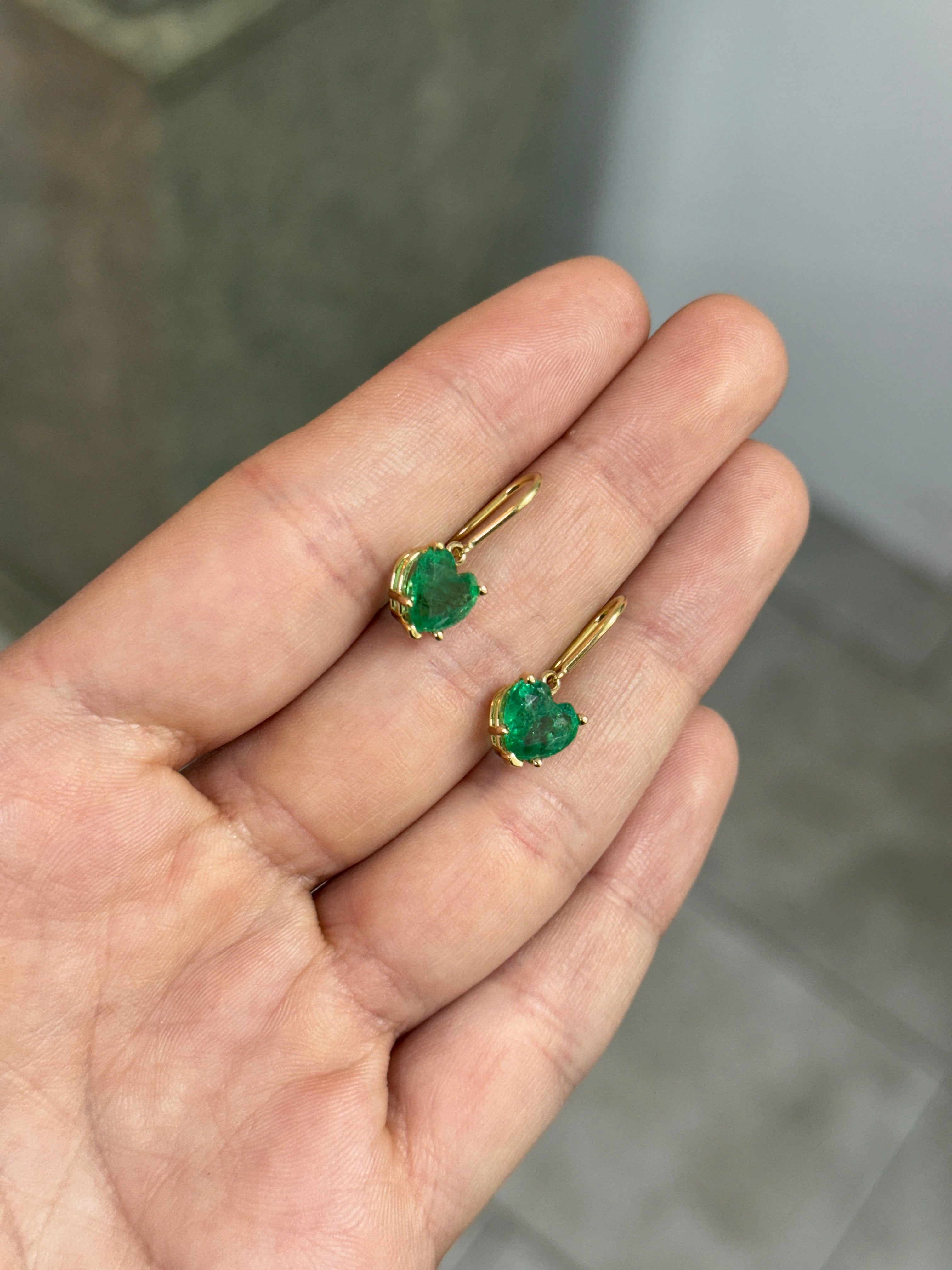 3.43tcw Natural Heart Emerald French Hook Earrings 18K