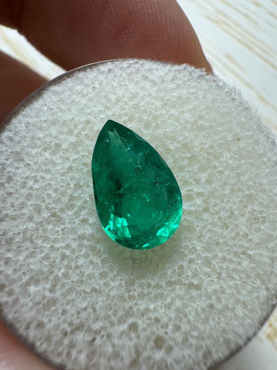 1.79 carat 11x7 Deep Bluish Green Natural Loose Colombian Emerald-Pear Cut