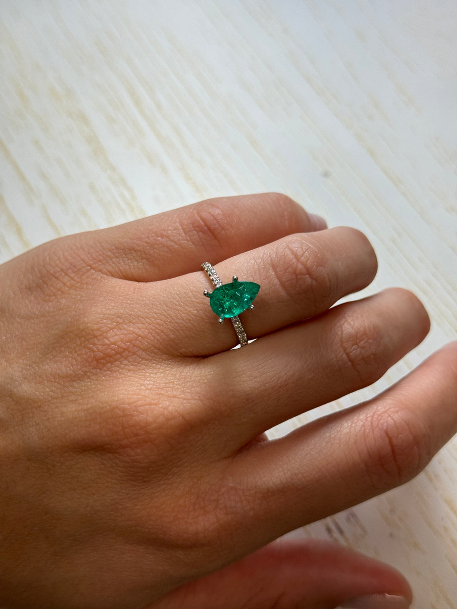 1.79 carat 11x7 Deep Bluish Green Natural Loose Colombian Emerald-Pear Cut