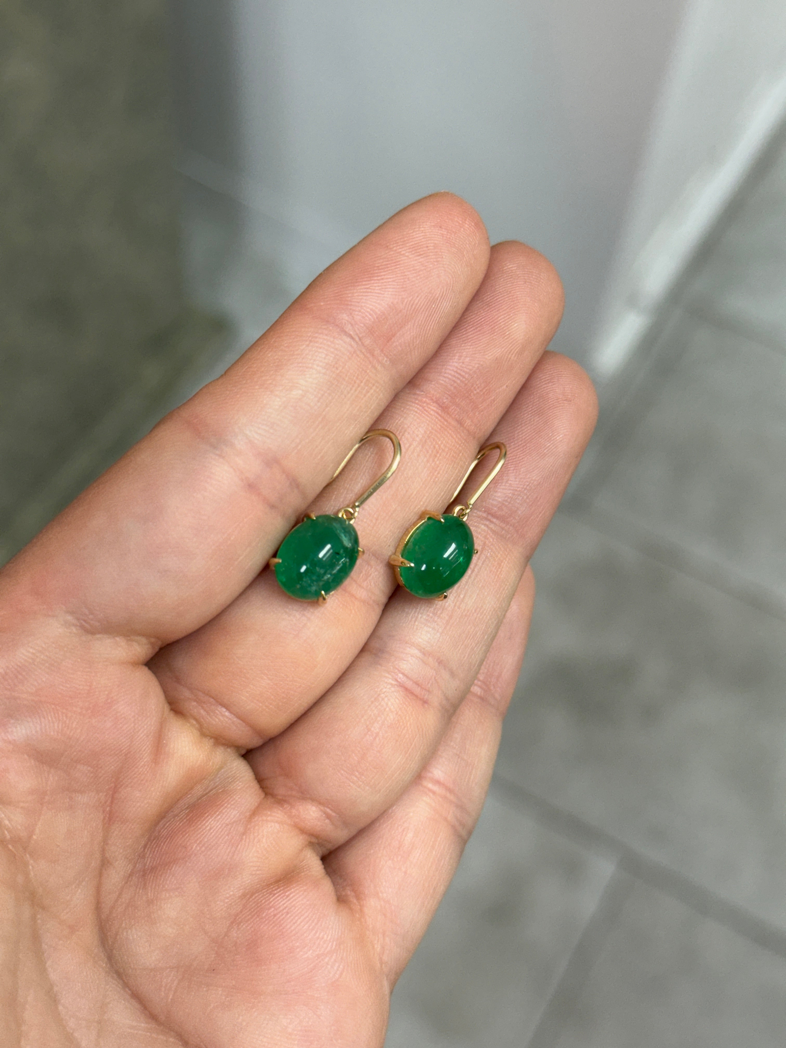 8.55tcw Oval Cabochon Emerald French Hook Earrings 14K