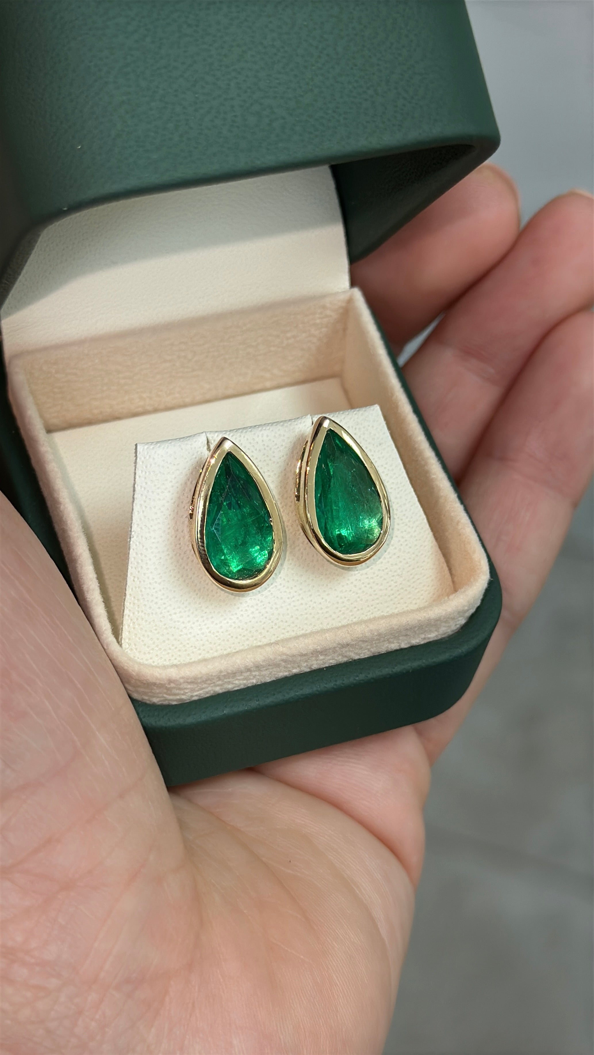 4.52tcw AAA+ Bezel Set Teardrop Colombian Emerald Studs 18K