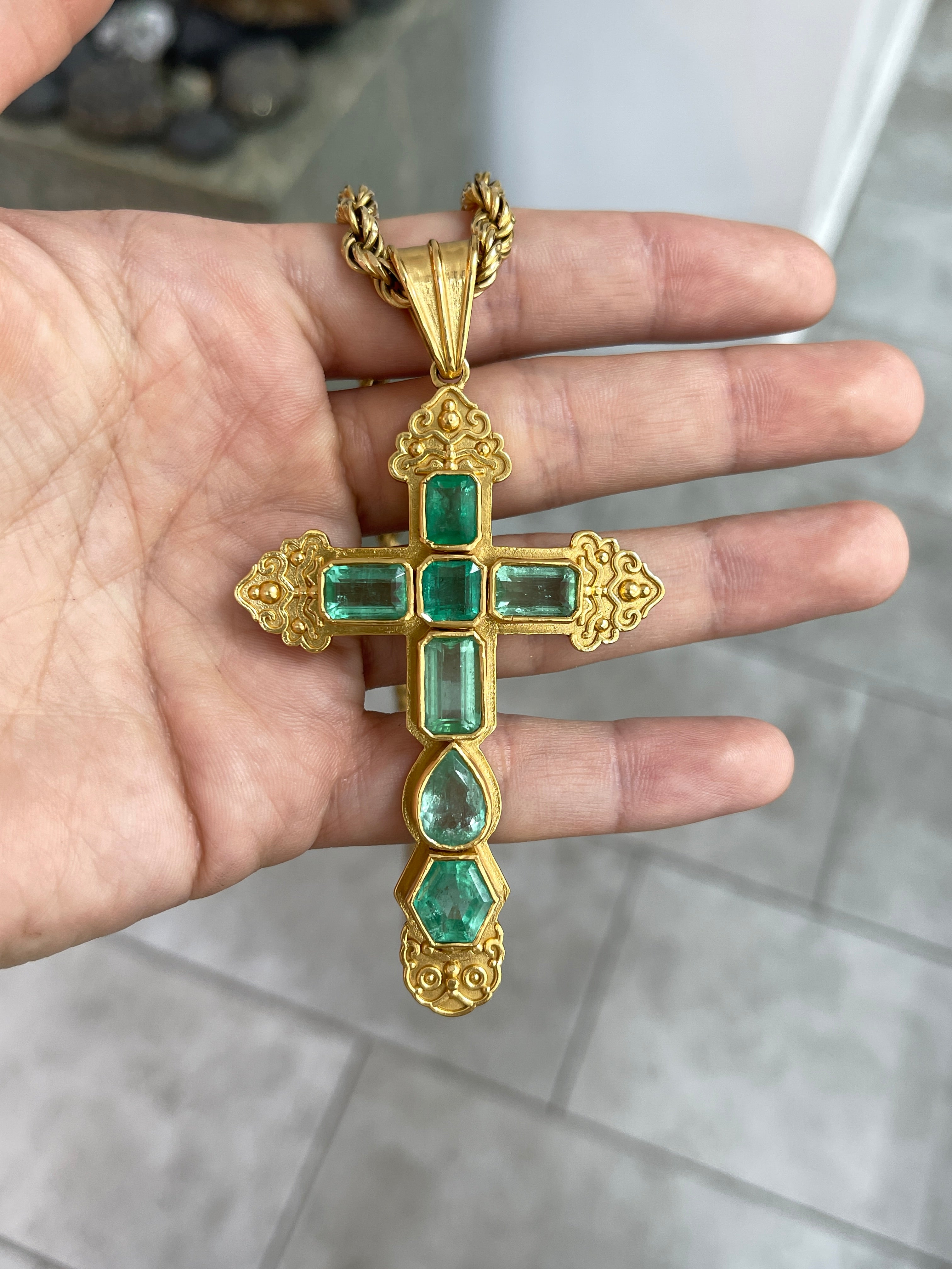AS SEEN ON INSTAGRAM: 24.55TCW Massive Natural Colombian Emerald Pre Columbian Cross Sterling Silver with Gold Plate