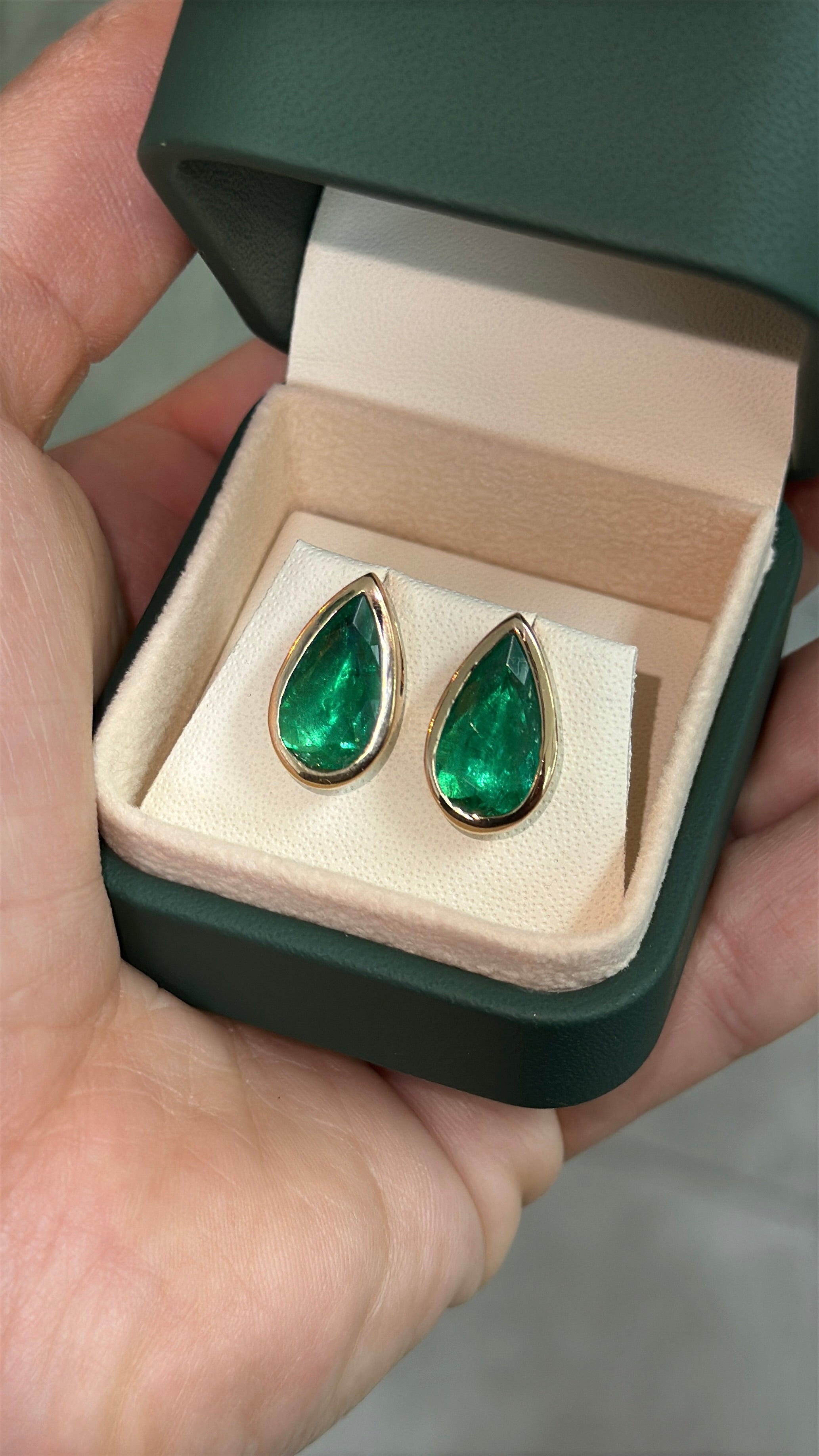 4.52tcw AAA+ Bezel Set Teardrop Colombian Emerald Studs 18K