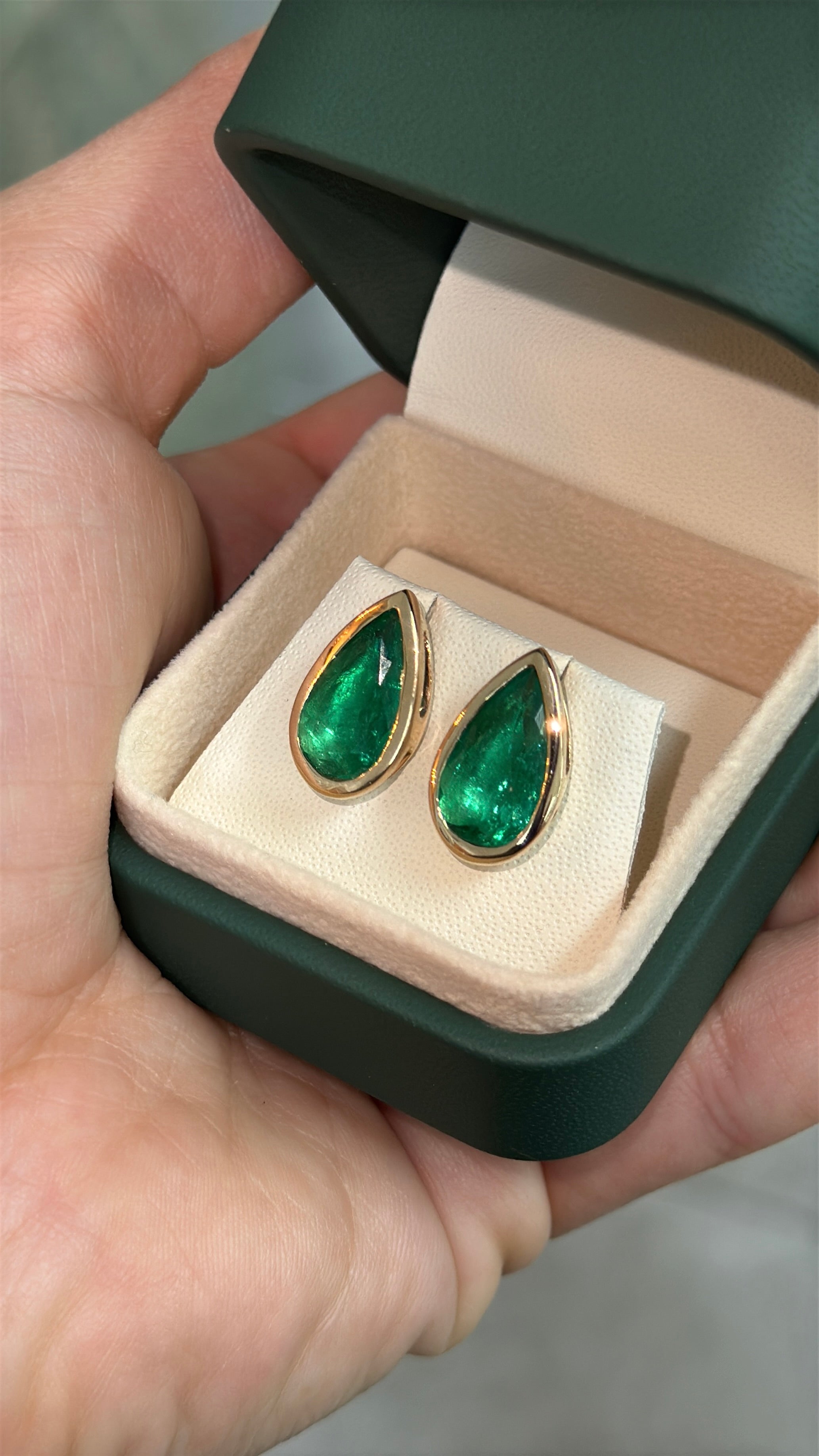 4.52tcw AAA+ Bezel Set Teardrop Colombian Emerald Studs 18K