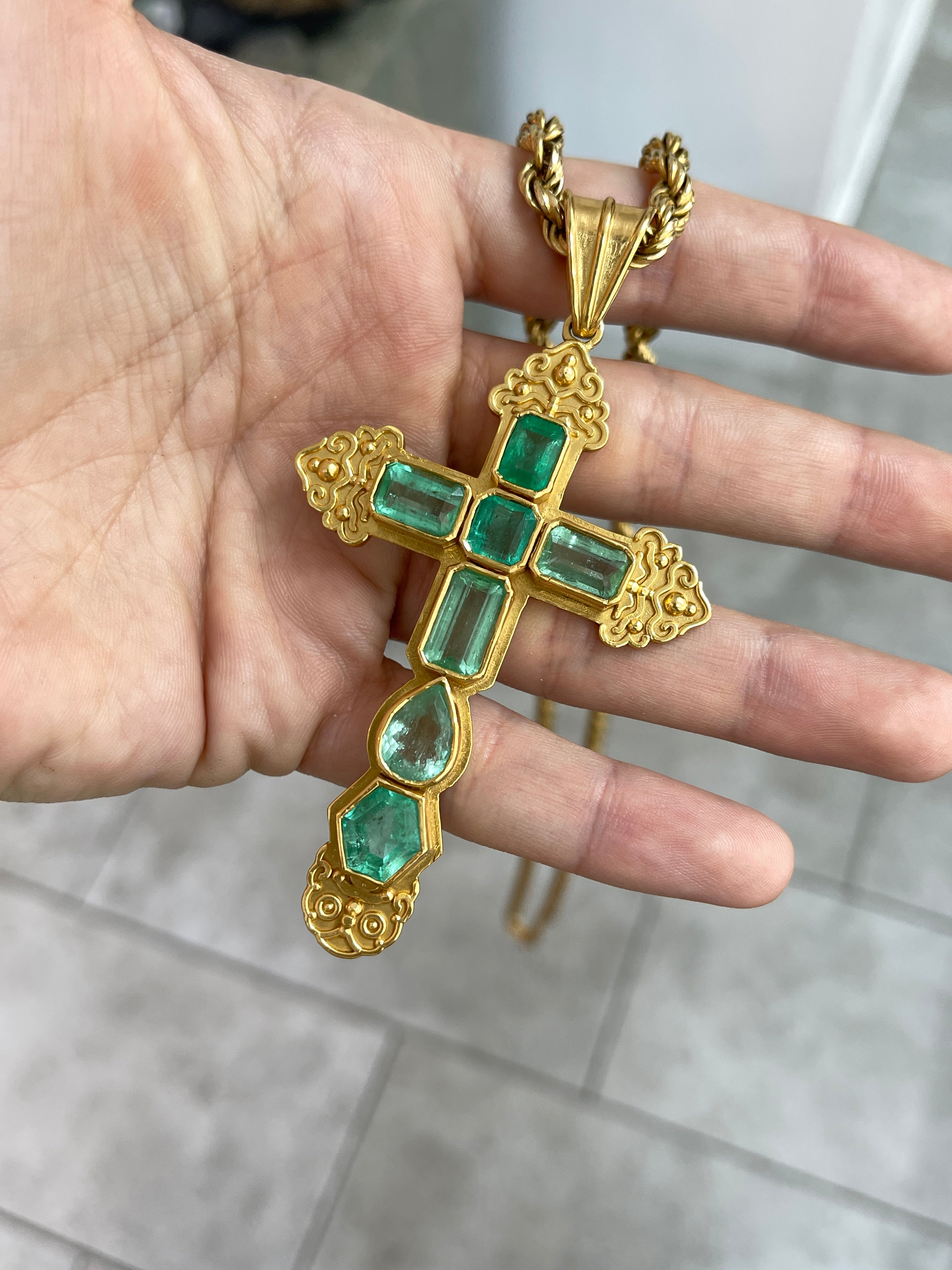 AS SEEN ON INSTAGRAM: 24.55TCW Massive Natural Colombian Emerald Pre Columbian Cross Sterling Silver with Gold Plate