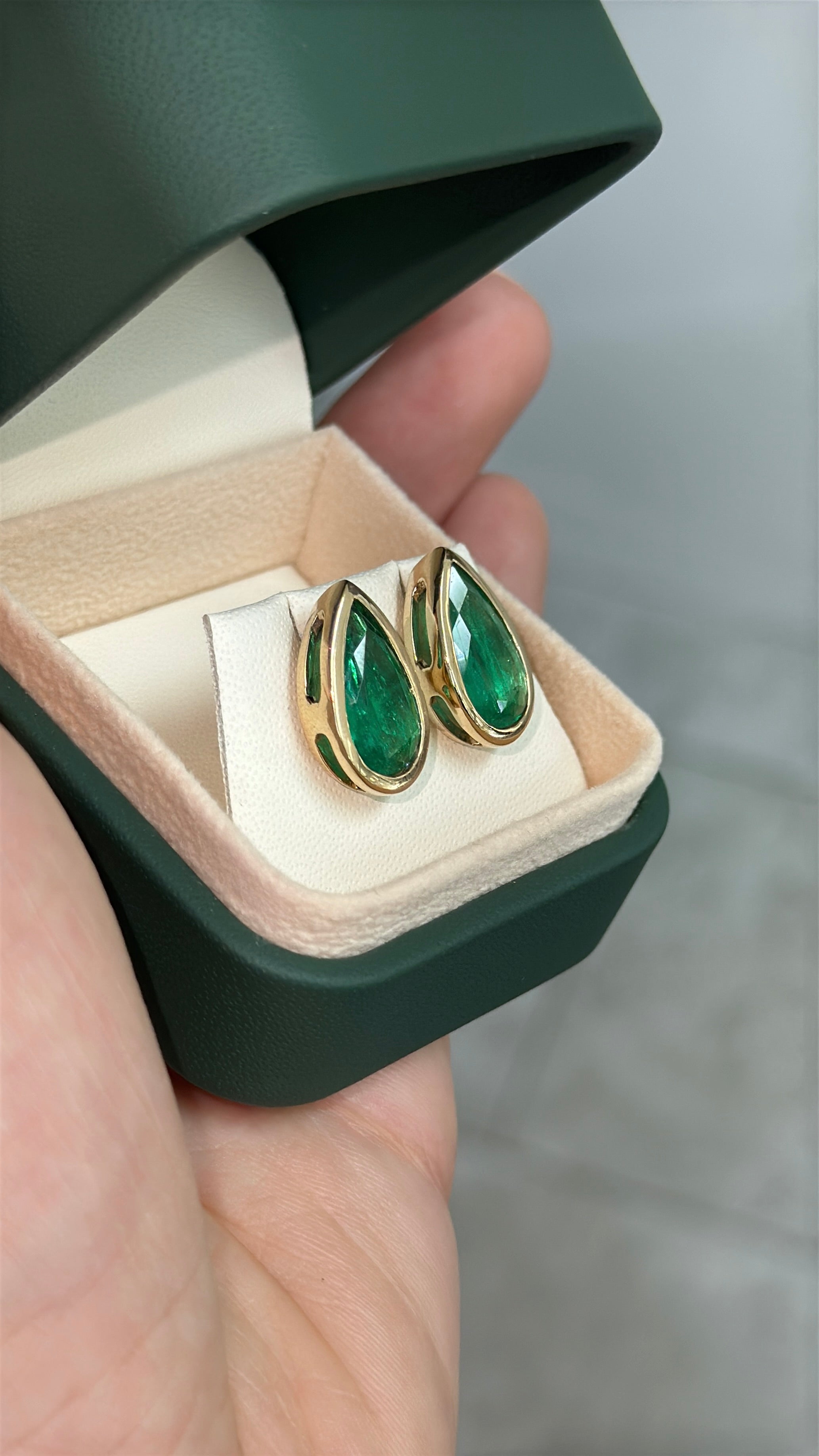 4.52tcw AAA+ Bezel Set Teardrop Colombian Emerald Studs 18K