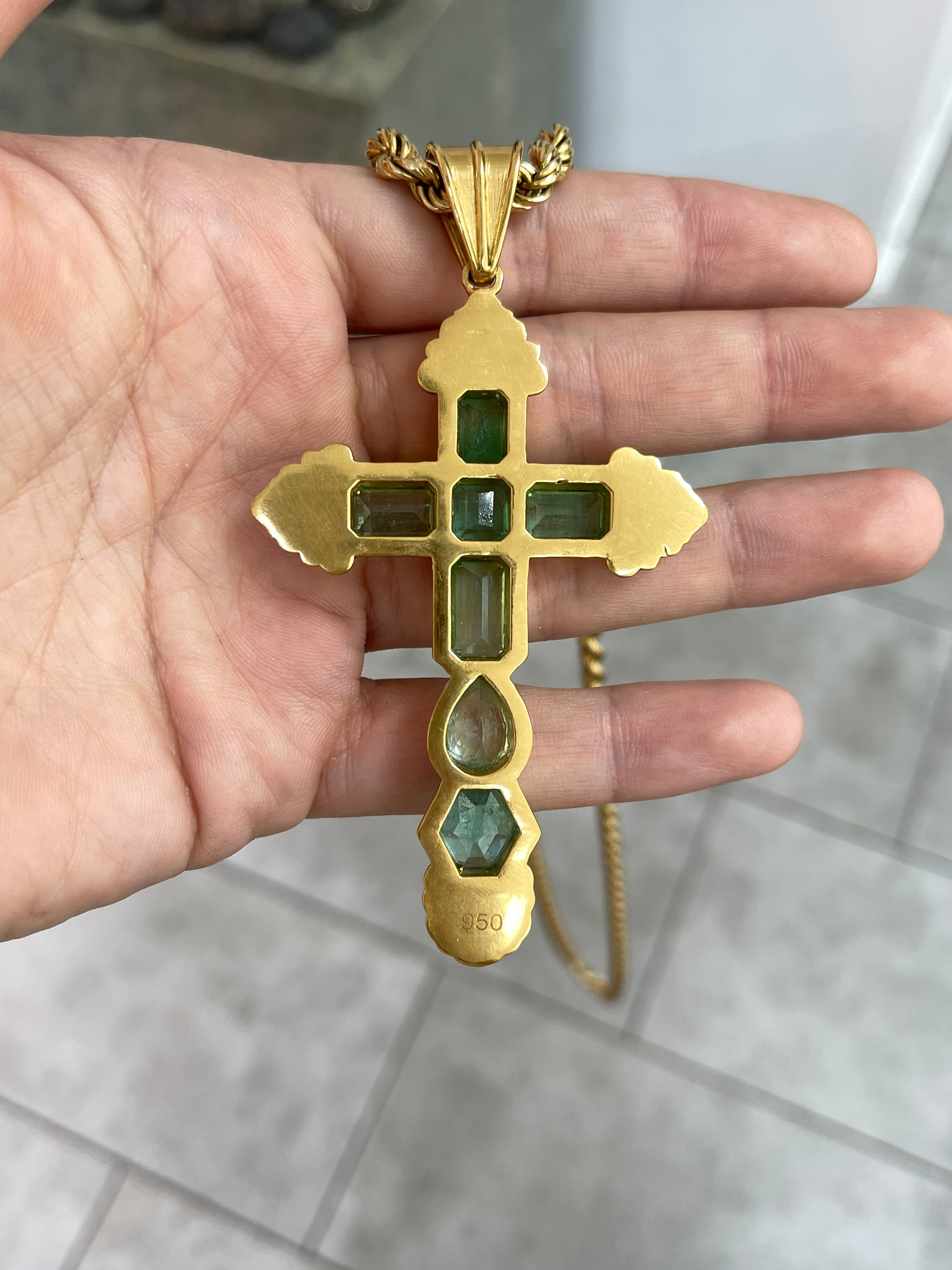 AS SEEN ON INSTAGRAM: 24.55TCW Massive Natural Colombian Emerald Pre Columbian Cross Sterling Silver with Gold Plate