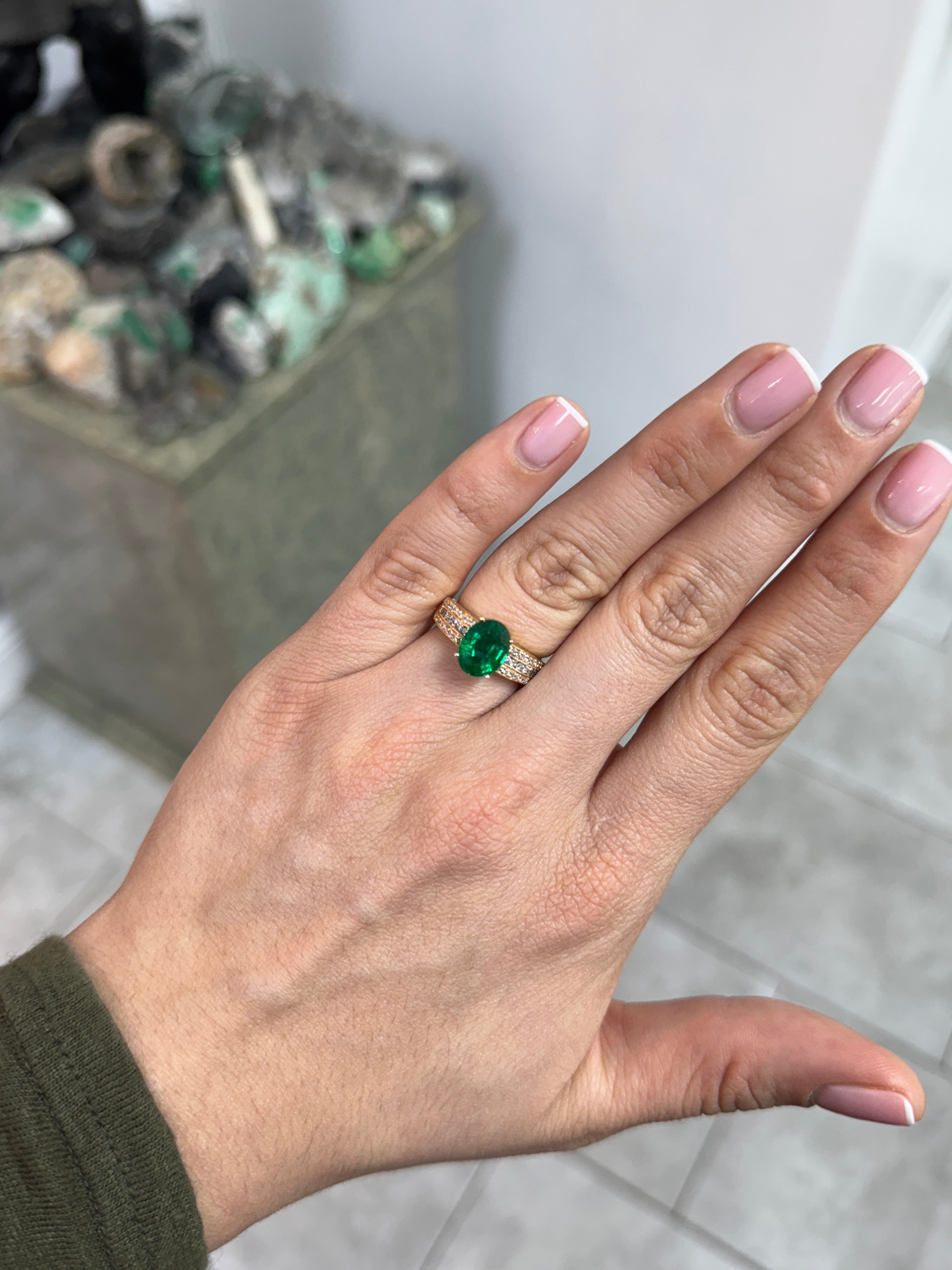 3.25tcw Natural Oval Emerald & Diamond Accented Hand Etched Engagement Ring 18K