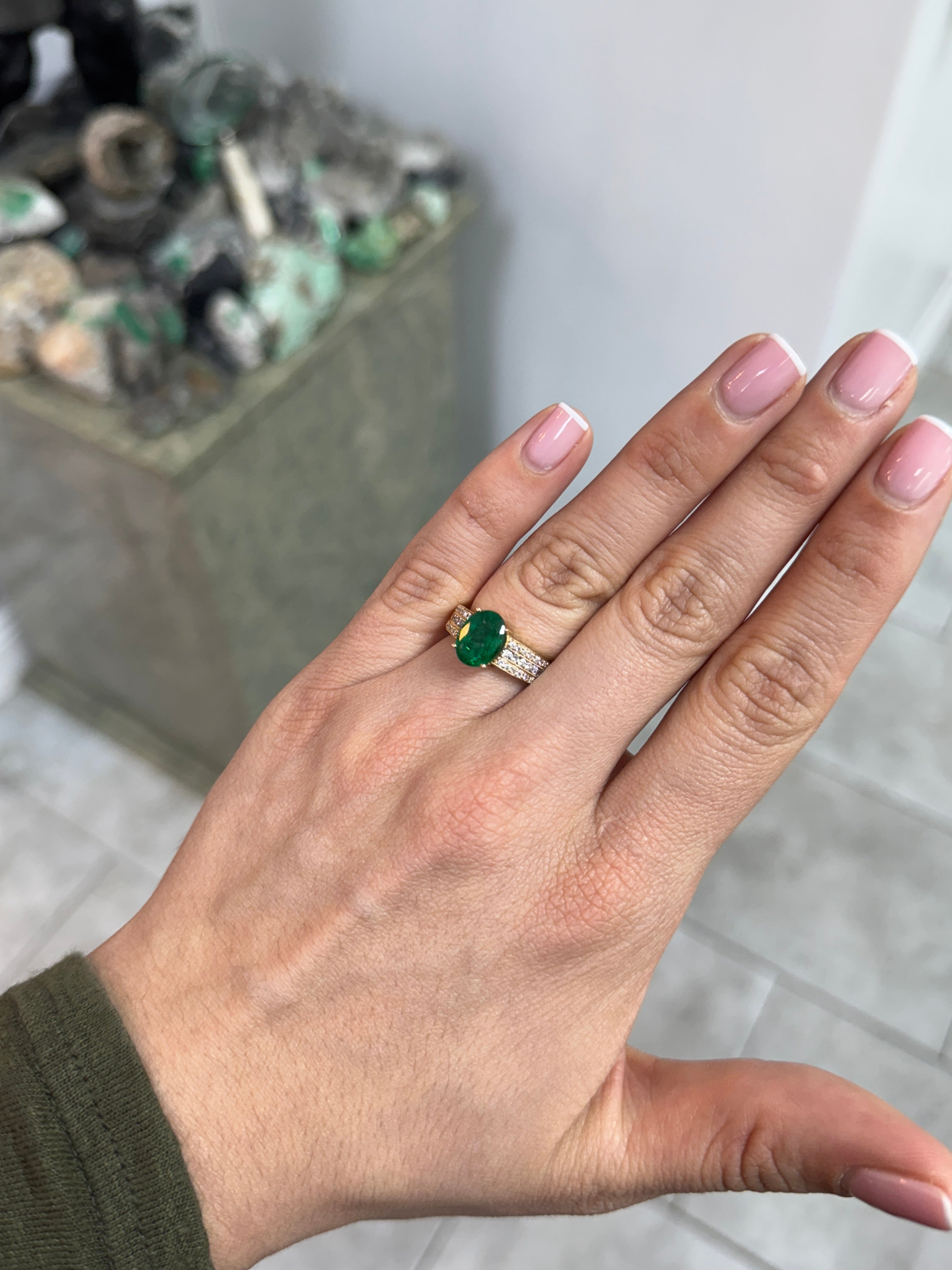 3.25tcw Natural Oval Emerald & Diamond Accented Hand Etched Engagement Ring 18K