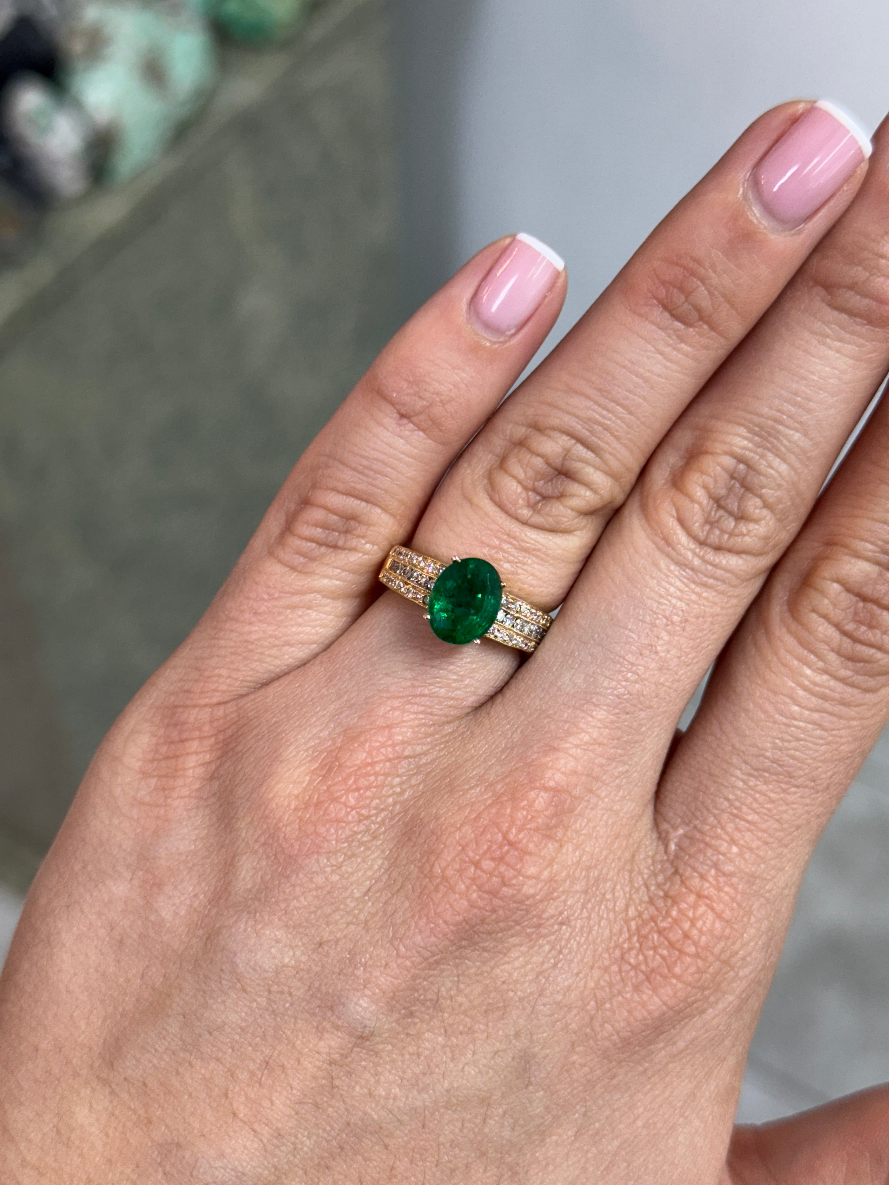 3.25tcw Natural Oval Emerald & Diamond Accented Hand Etched Engagement Ring 18K