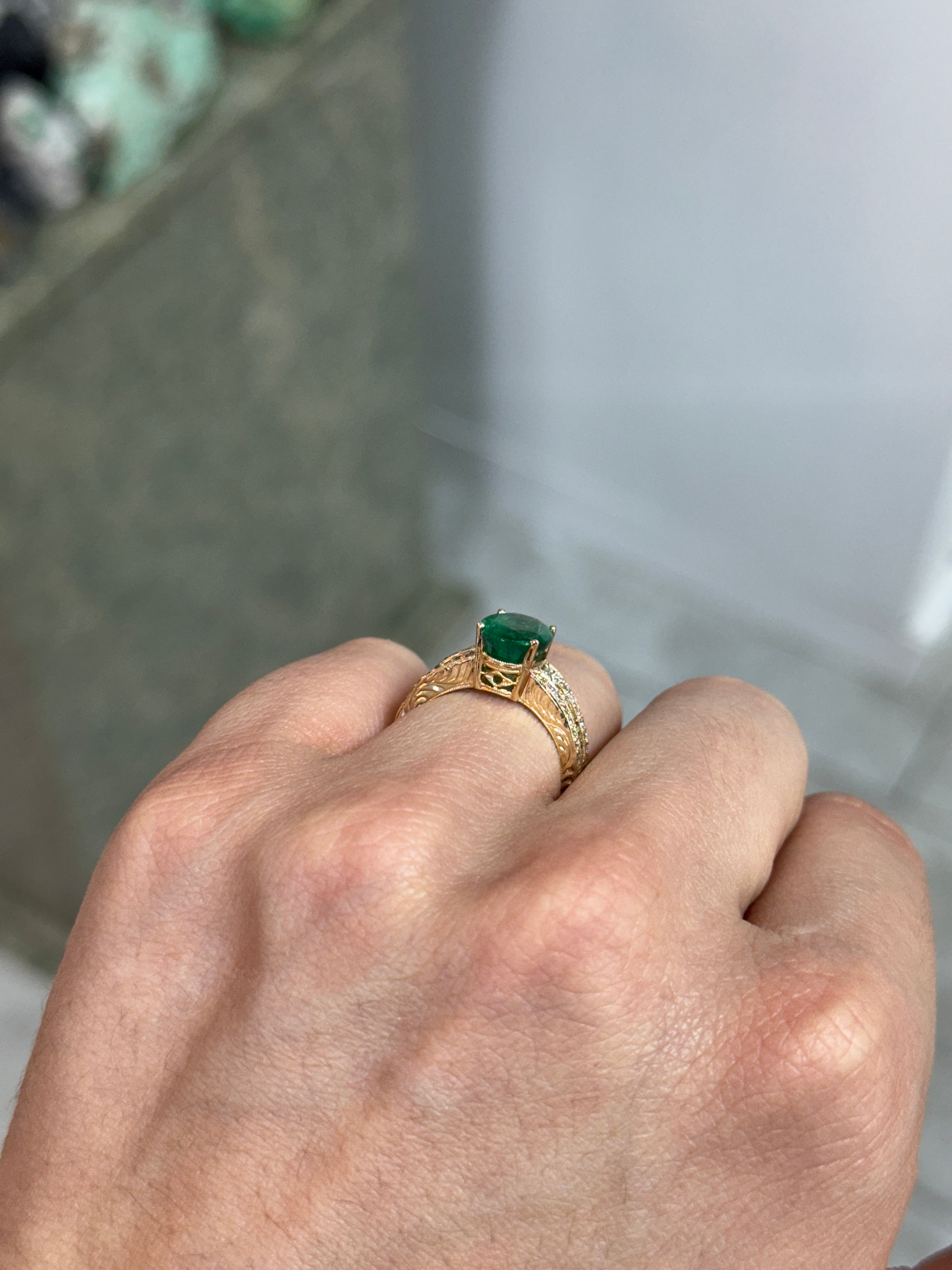 3.25tcw Natural Oval Emerald & Diamond Accented Hand Etched Engagement Ring 18K