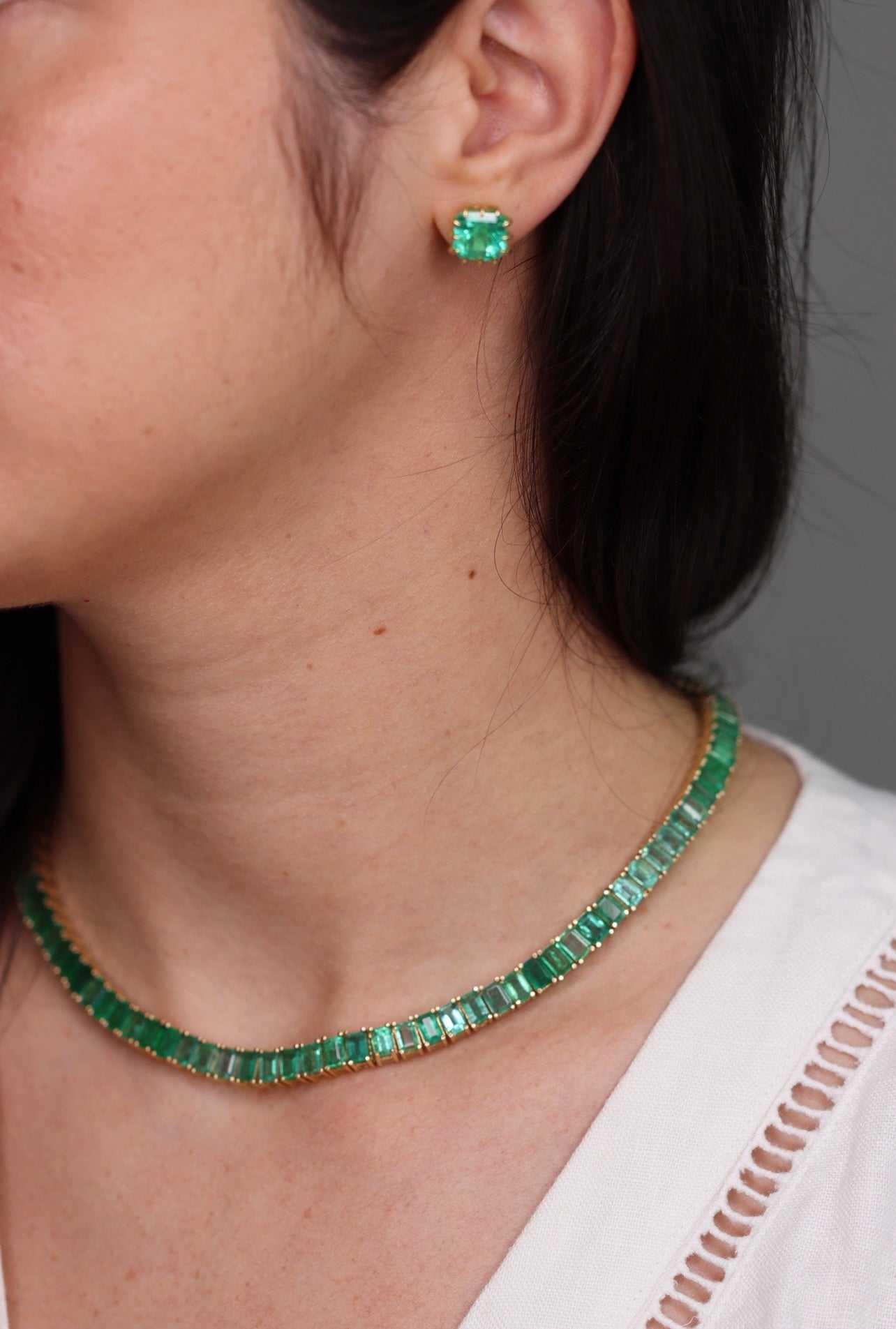 53tcw XL Emerald Cut Emerald Tennis Necklace 14K 16.25 Inches - JR Colombian Emeralds