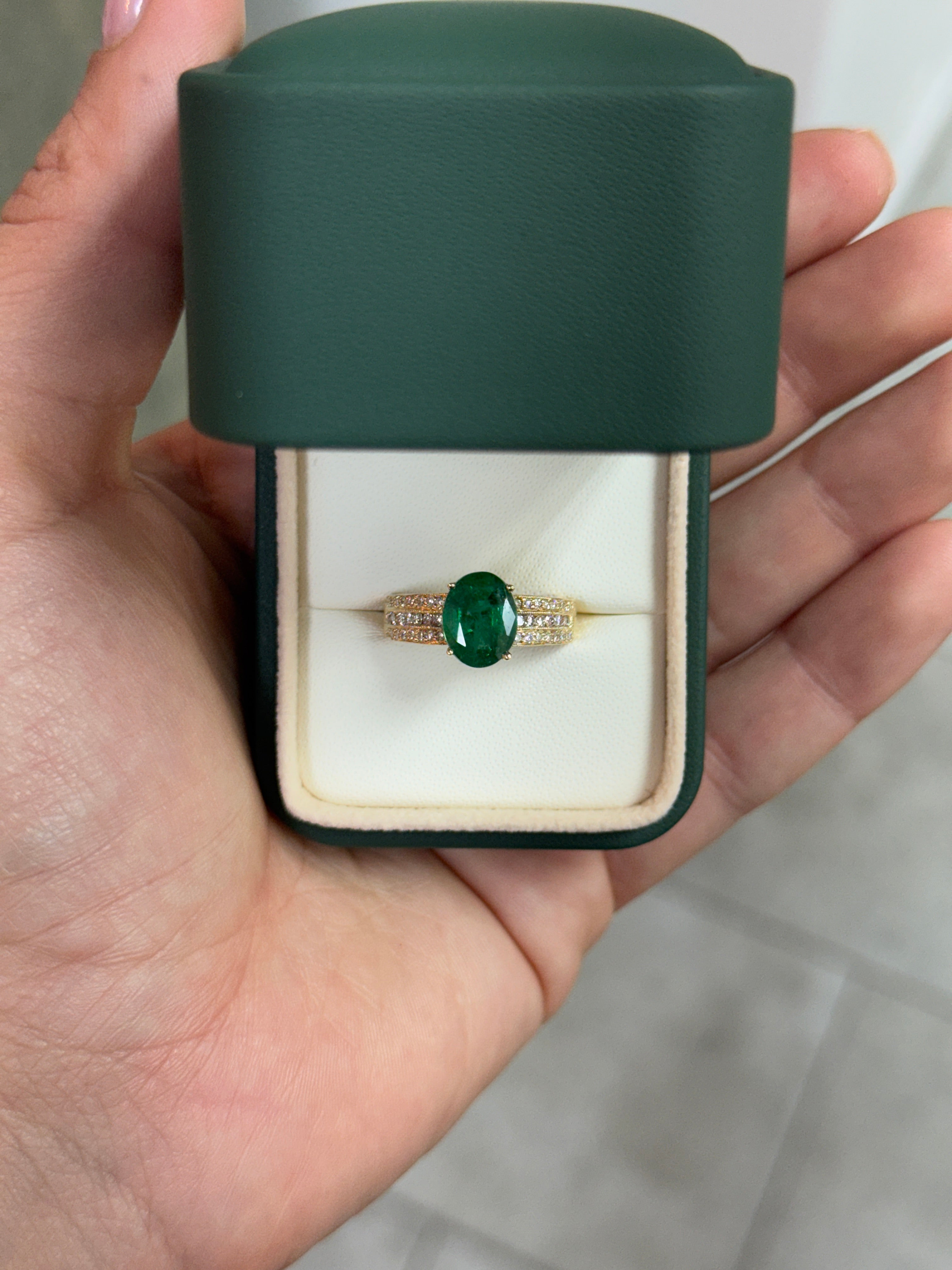 3.25tcw Natural Oval Emerald & Diamond Accented Hand Etched Engagement Ring 18K