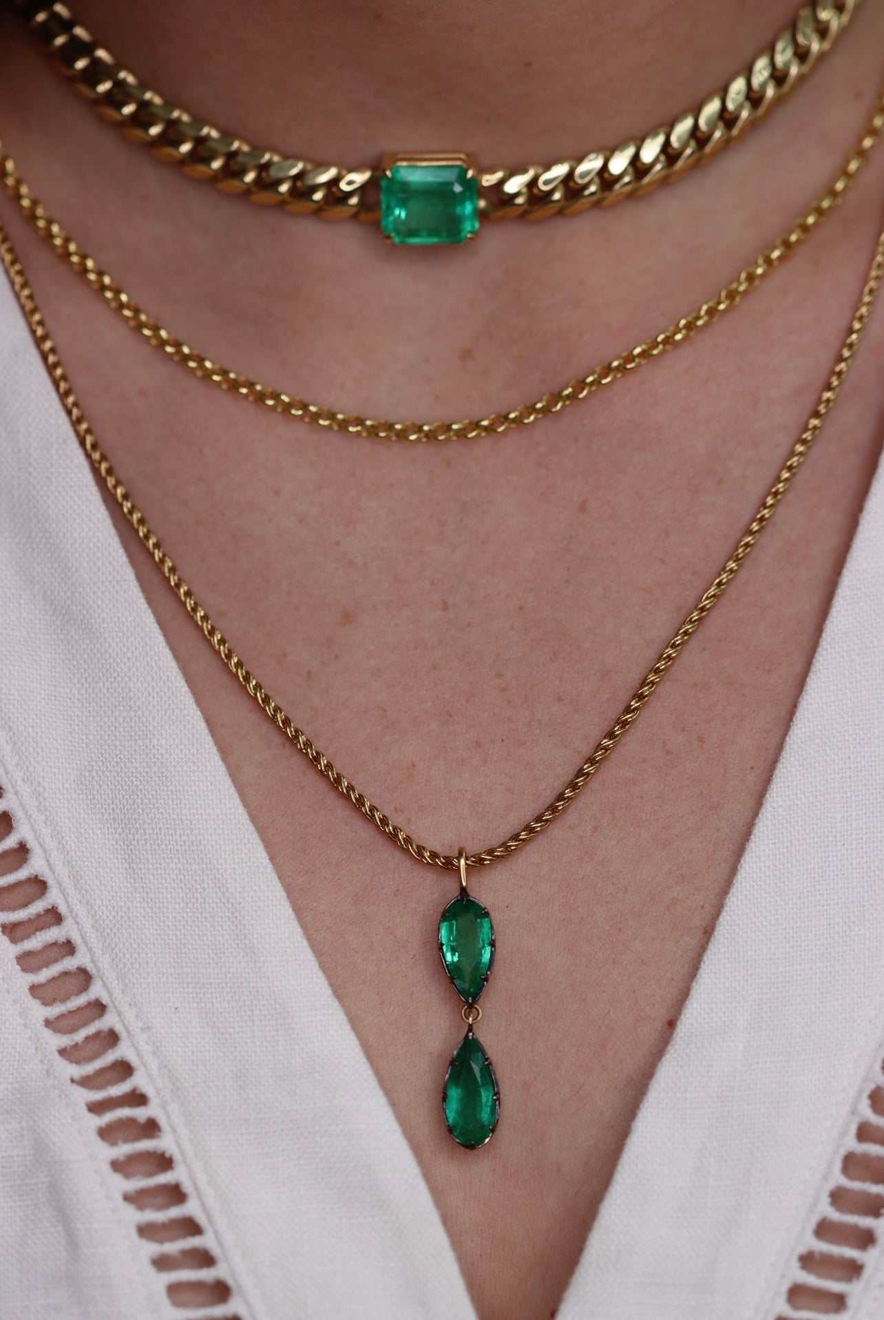 5.25tcw Rich Dark Green Natural Emerald Georgian Styled Hour Glass Necklace 14K - JR Colombian Emeralds