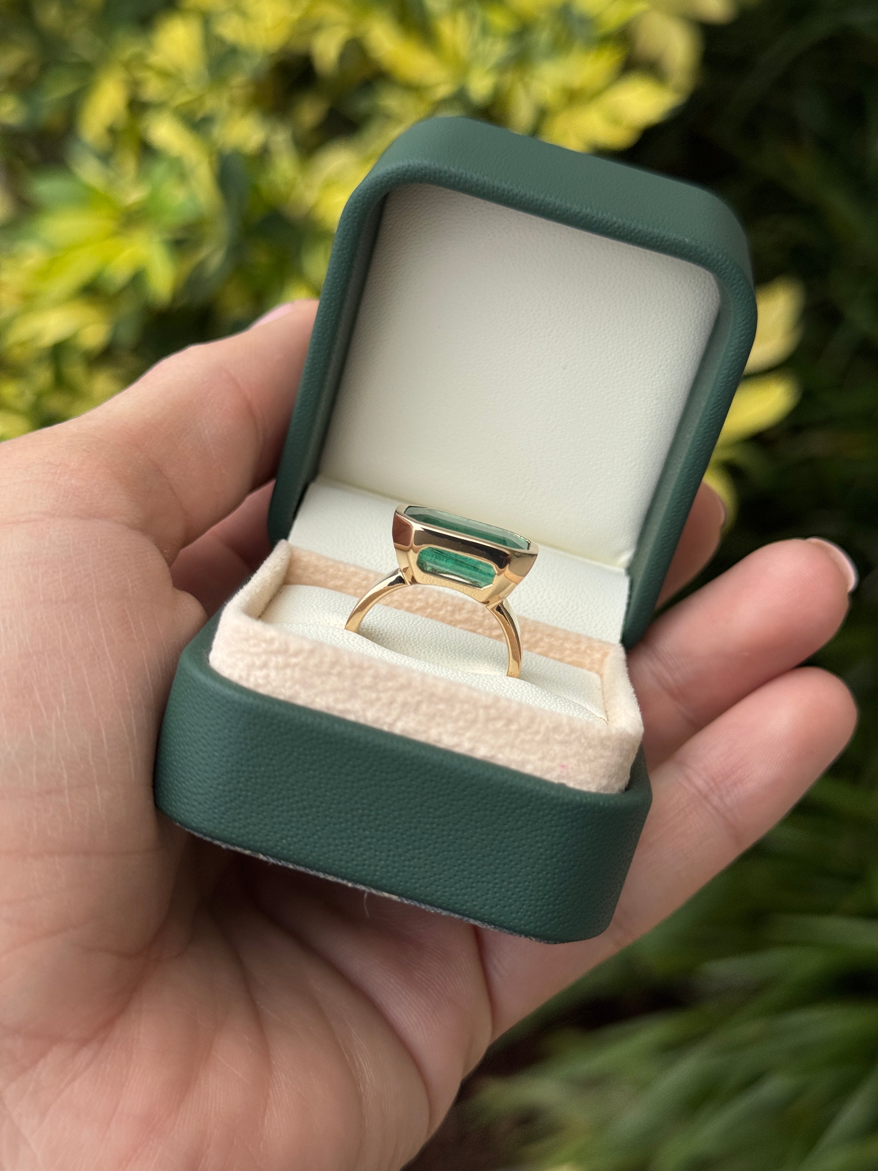 6.44 Carat Natural Emerald East to West Bezel Set Statement Ring in 18K Gold 5.5mm Wide
