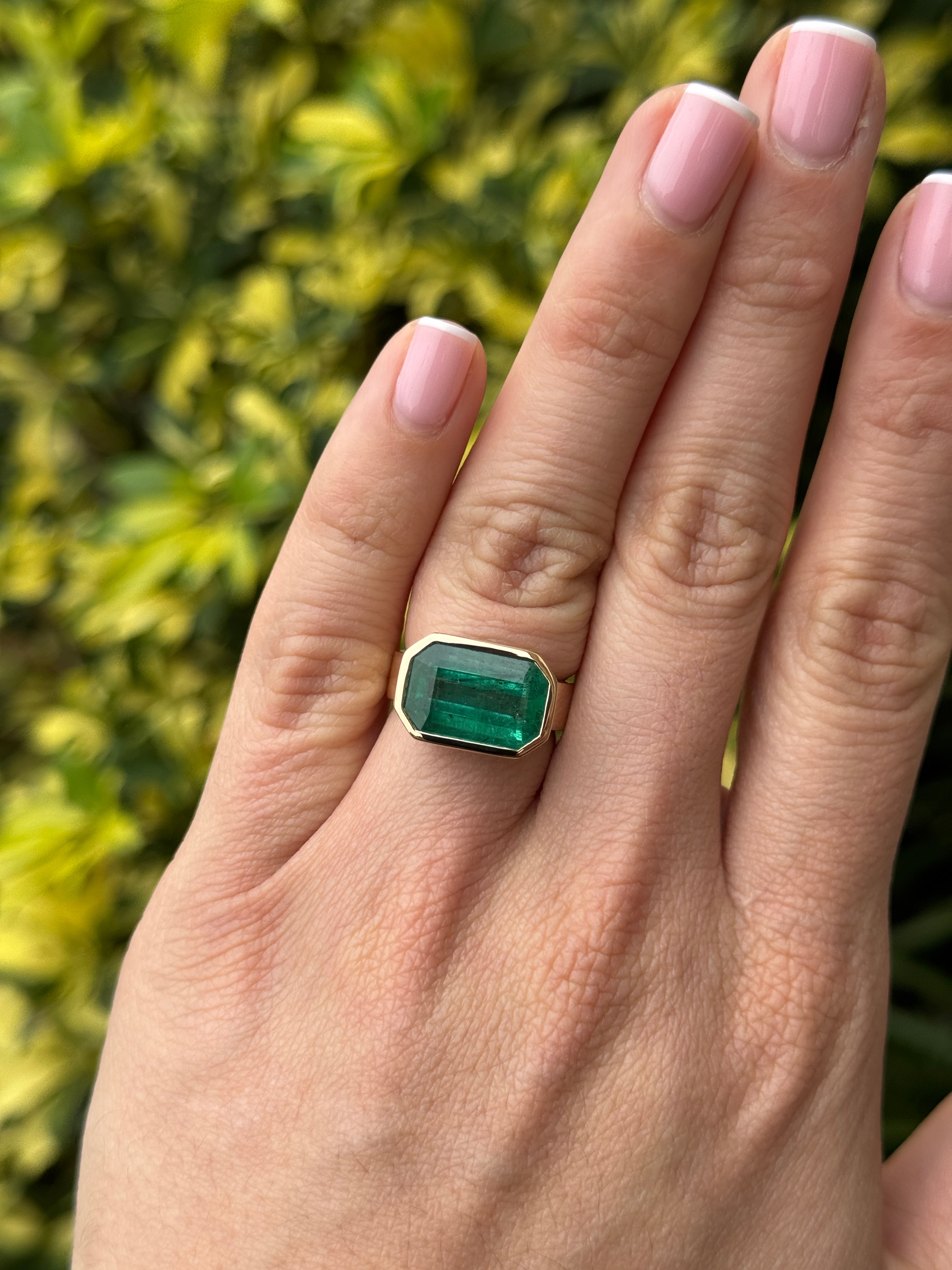 6.44 Carat Natural Emerald East to West Bezel Set Statement Ring in 18K Gold 5.5mm Wide