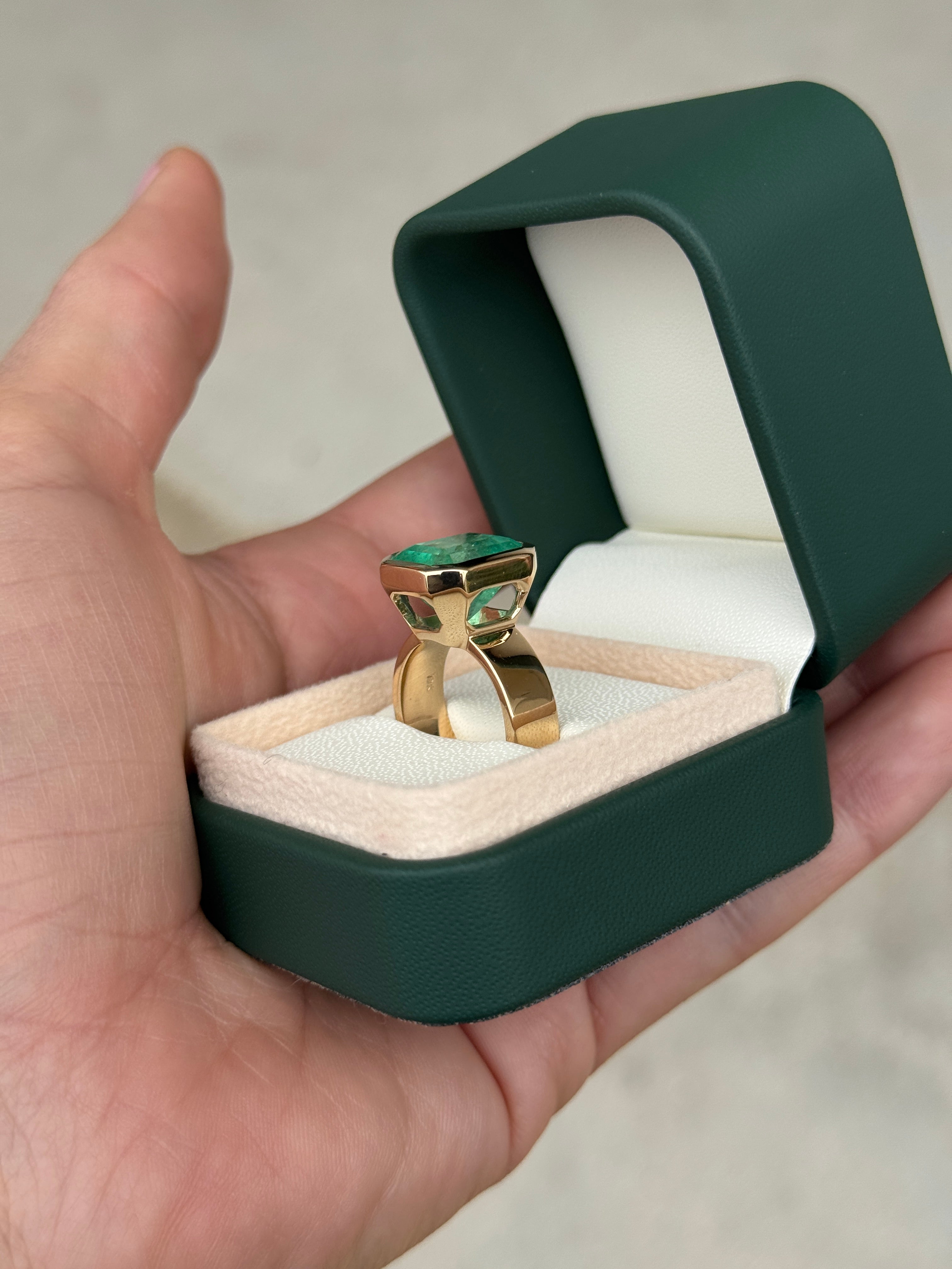 8.15 Carat Ultra Bright Colombian Emerald Solitaire Ring Emerald Cut Bezel Set 18K Gold 6.3mm Wide