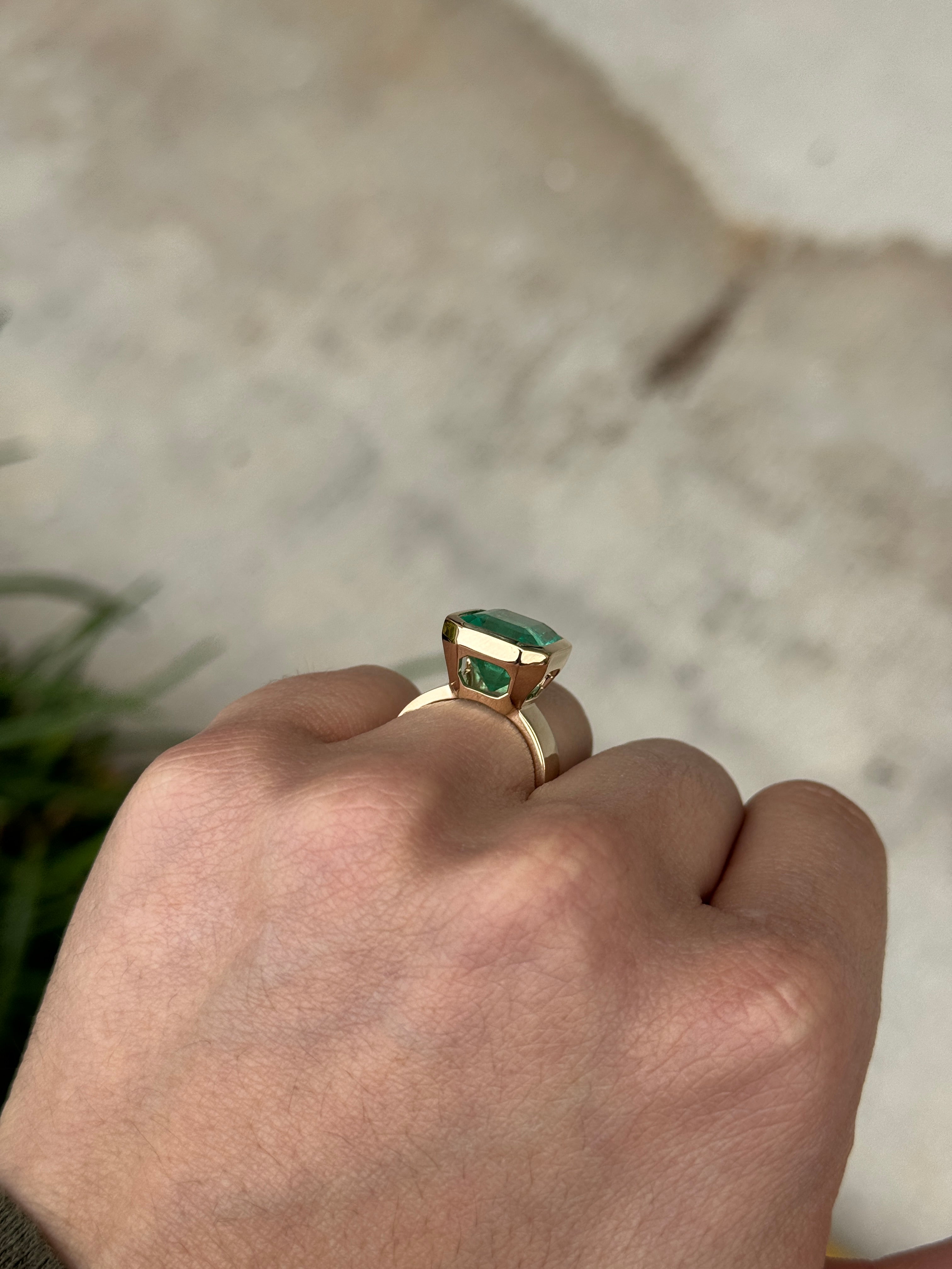 8.15 Carat Ultra Bright Colombian Emerald Solitaire Ring Emerald Cut Bezel Set 18K Gold 6.3mm Wide