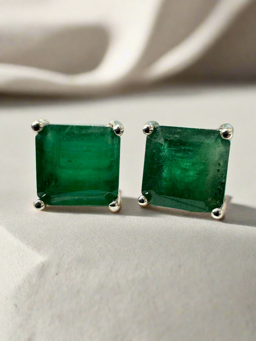 4.83tcw 8x8 Deep Green Earth Mined Asscher Cut Stud Earrings Sterling Silver