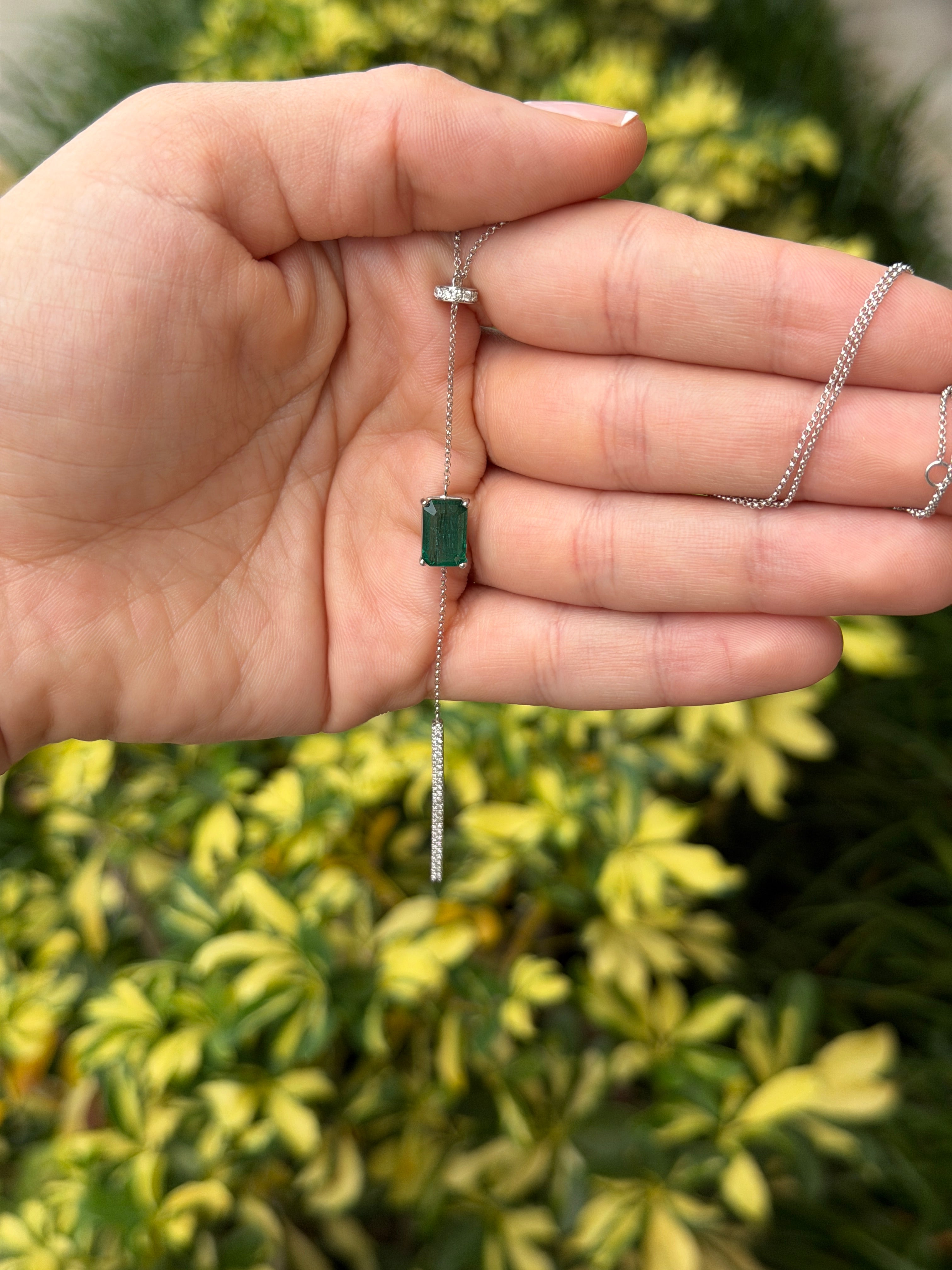 Emerald & Diamond White Gold Lariat Necklace 14K