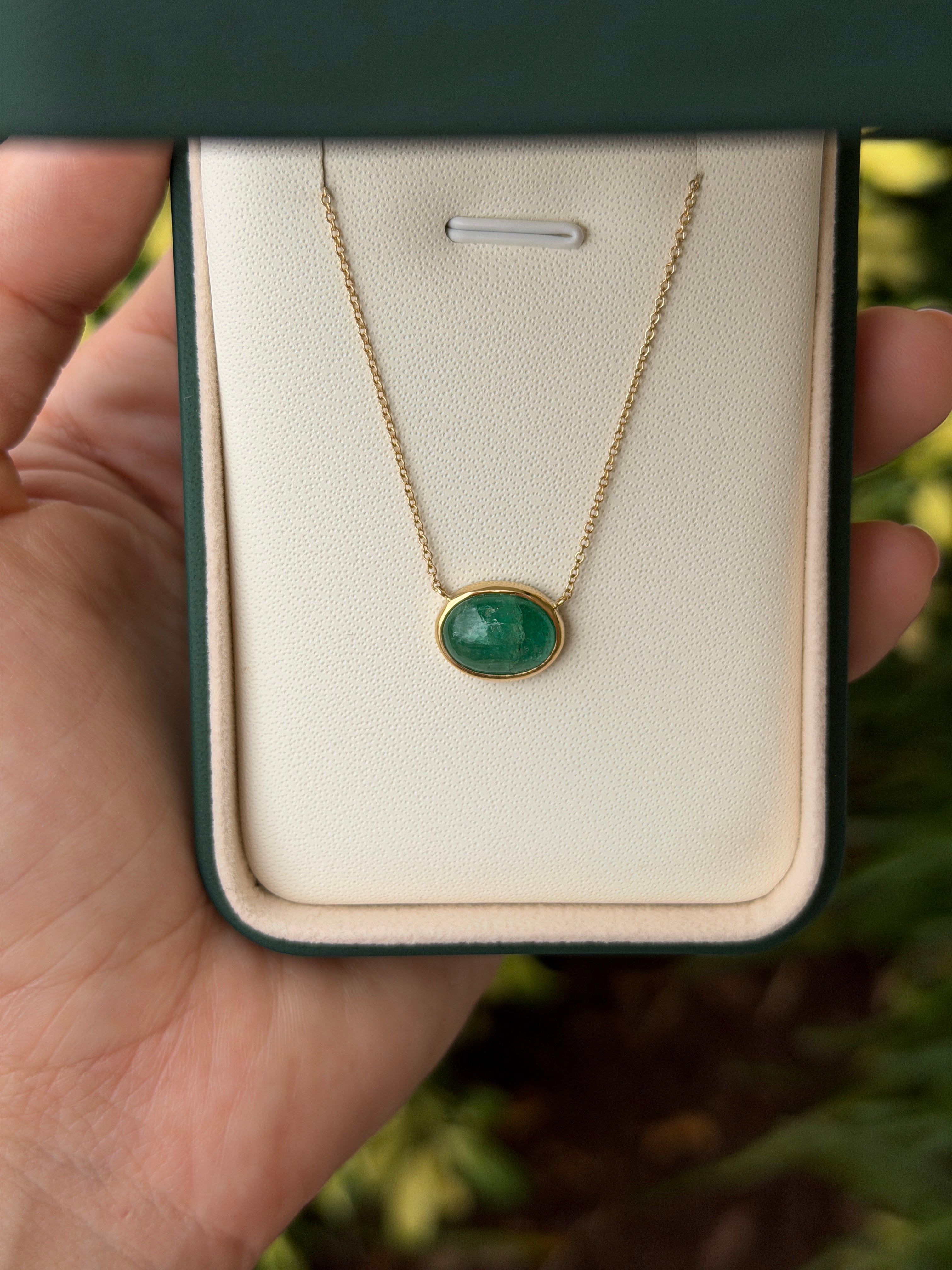 4.54 Carat East to West Emerald Cabochon Bezel Necklace 14K