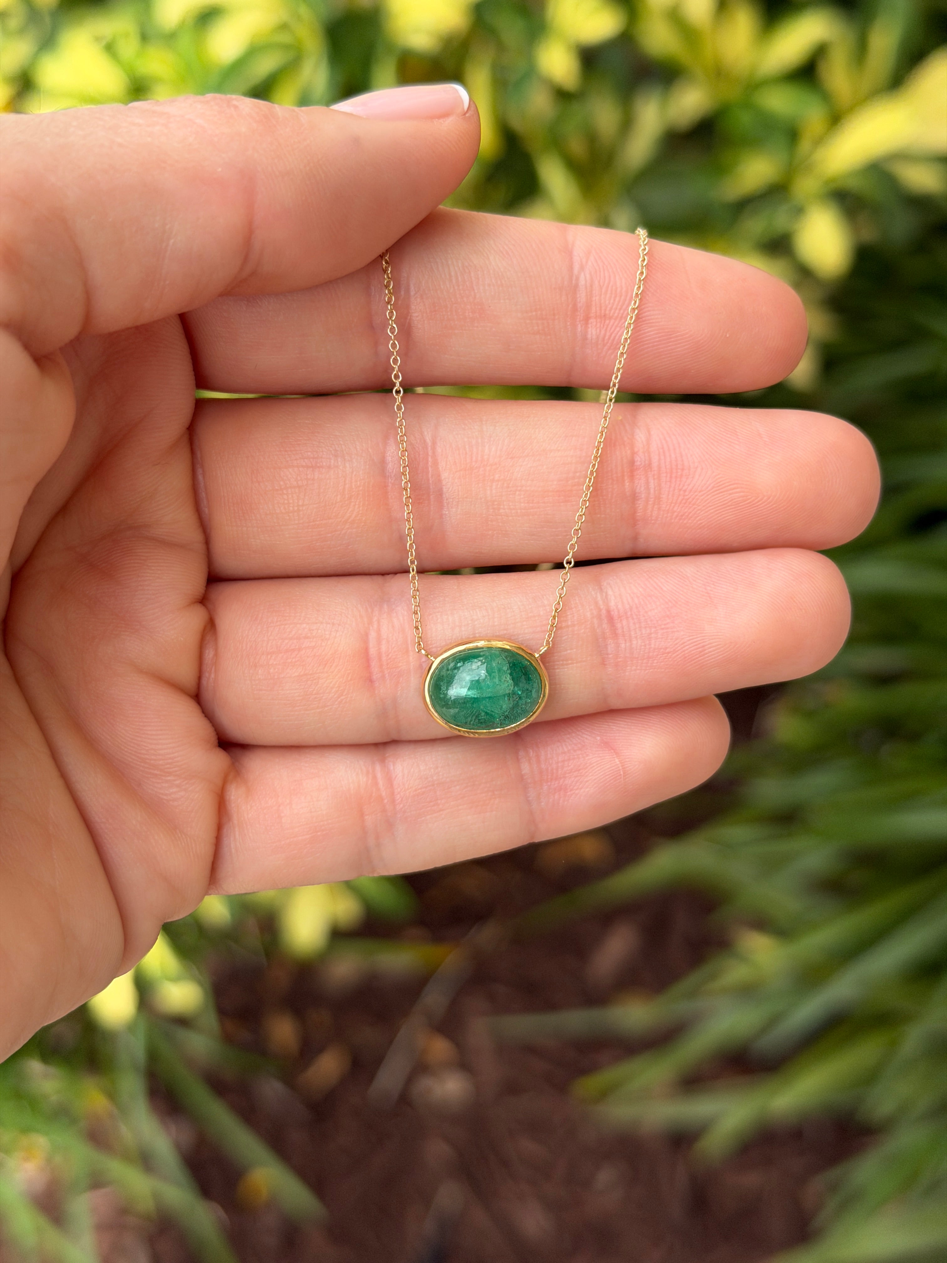 4.54 Carat East to West Emerald Cabochon Bezel Necklace 14K