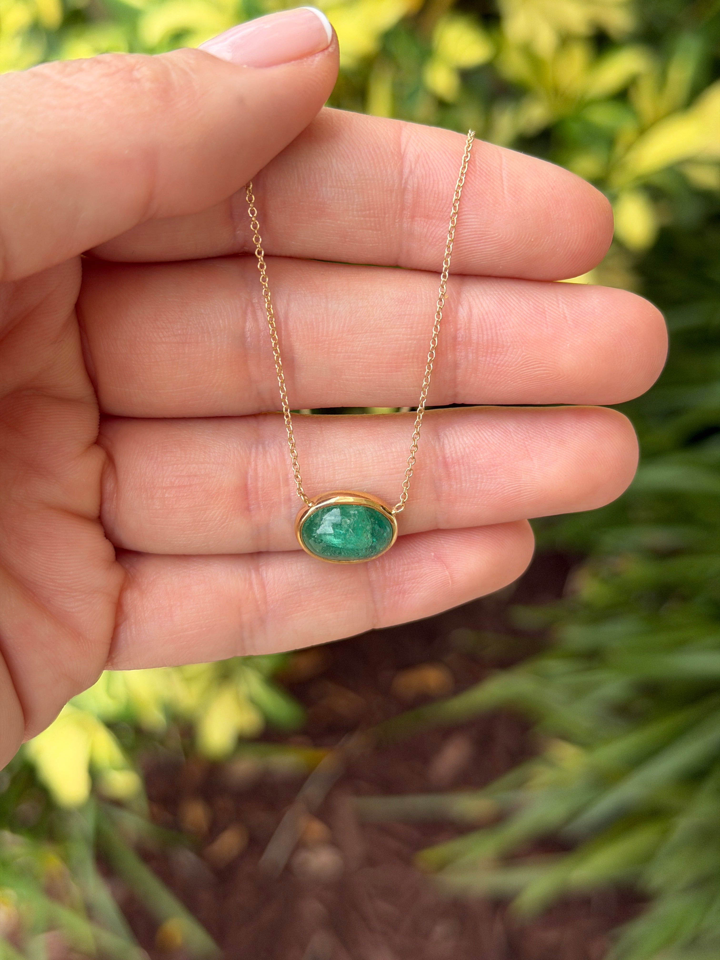 4.54 Carat East to West Emerald Cabochon Bezel Necklace 14K