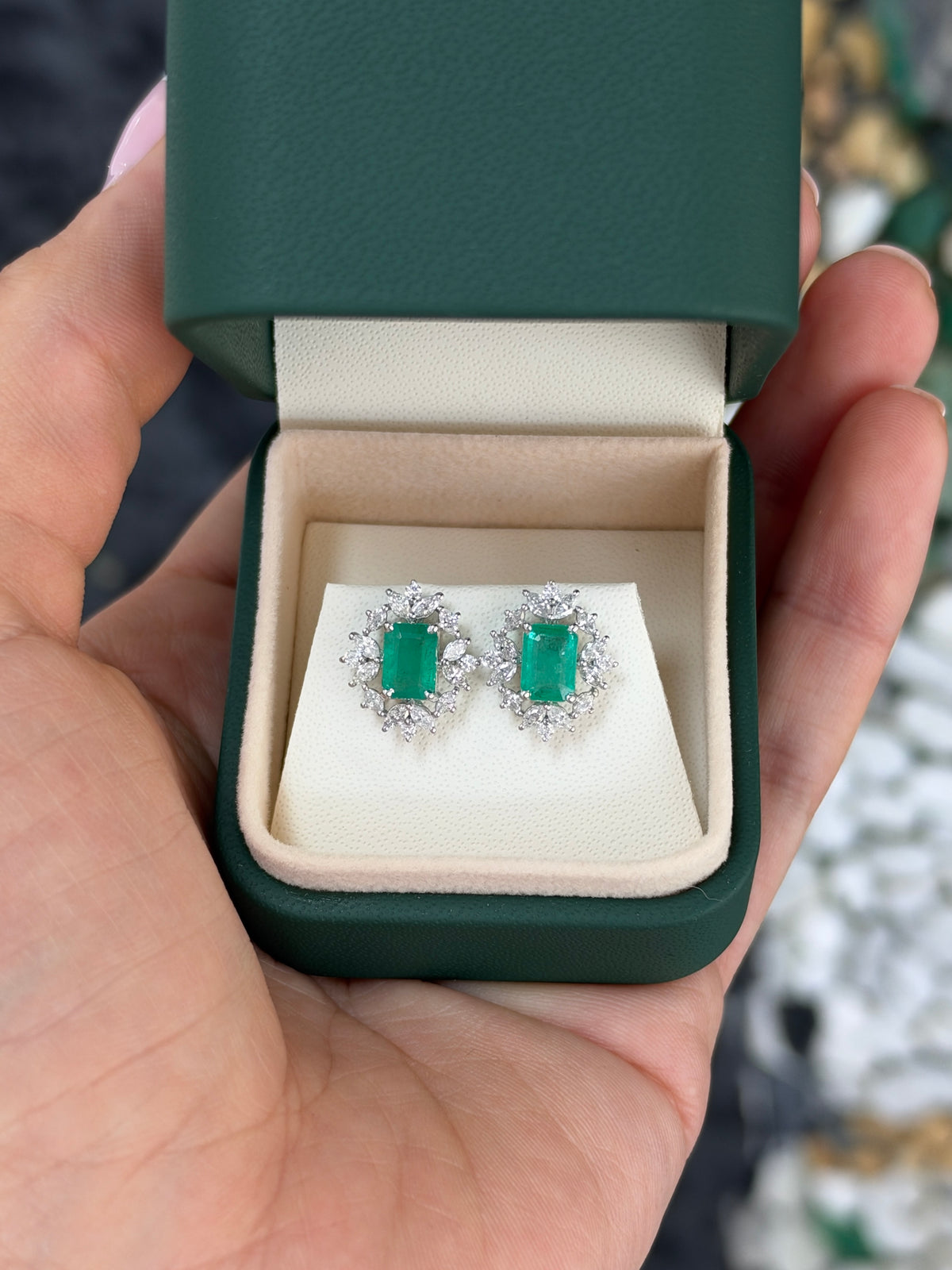 2.67tcw 14K Natural Emerald Cut Emerald & Marquise Diamond Halo Studs