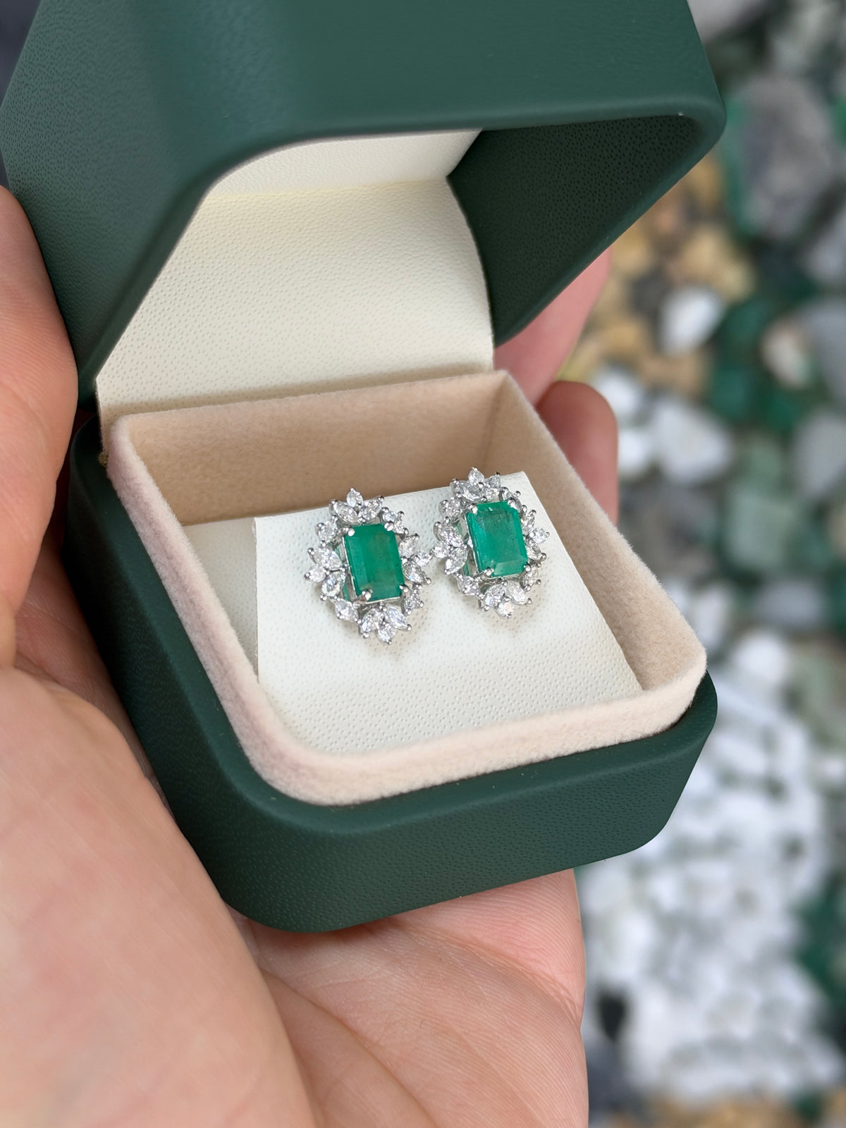 2.67tcw 14K Natural Emerald Cut Emerald & Marquise Diamond Halo Studs