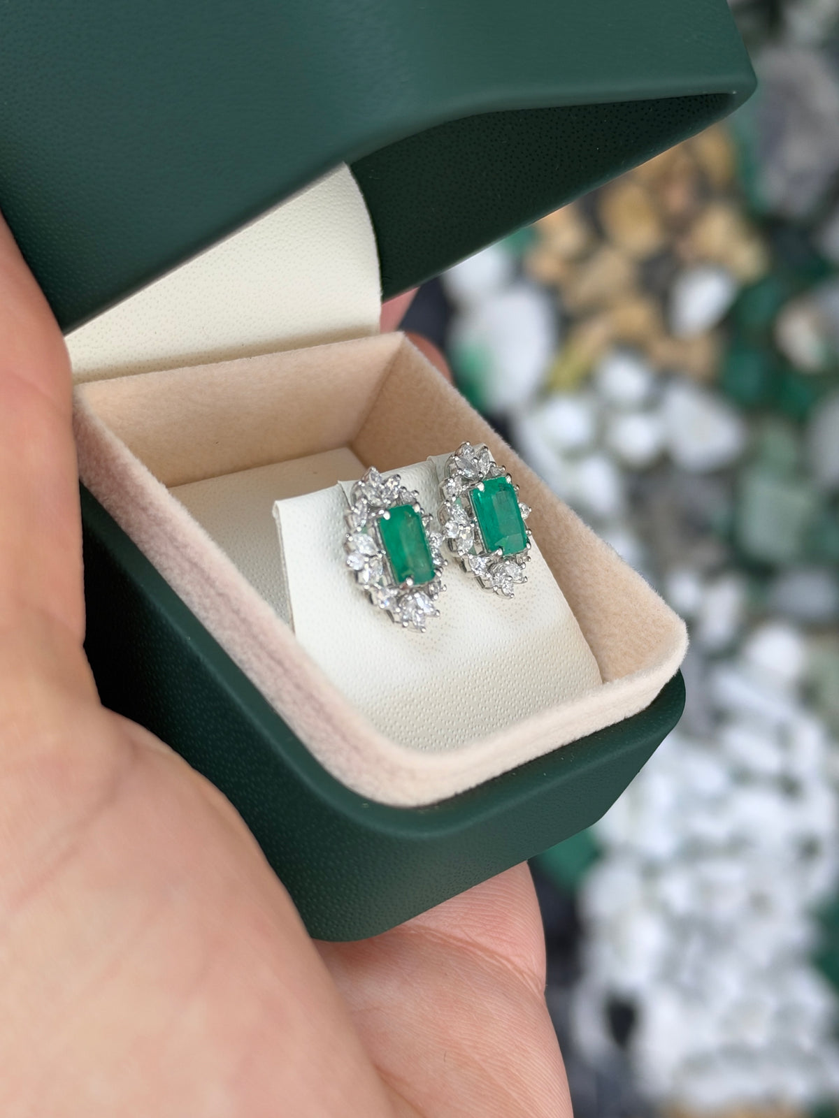 2.67tcw 14K Natural Emerald Cut Emerald & Marquise Diamond Halo Studs
