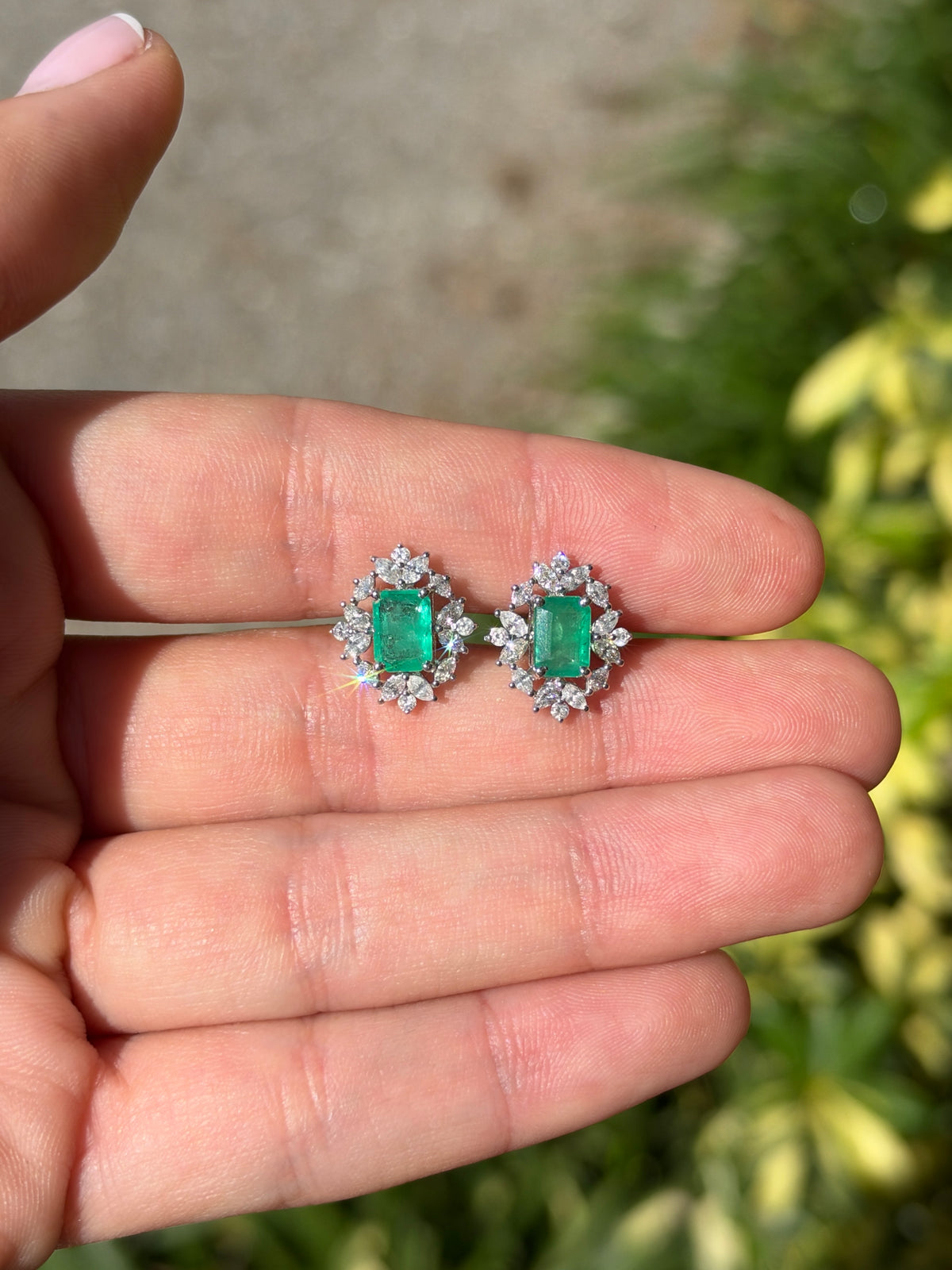 2.67tcw 14K Natural Emerald Cut Emerald & Marquise Diamond Halo Studs