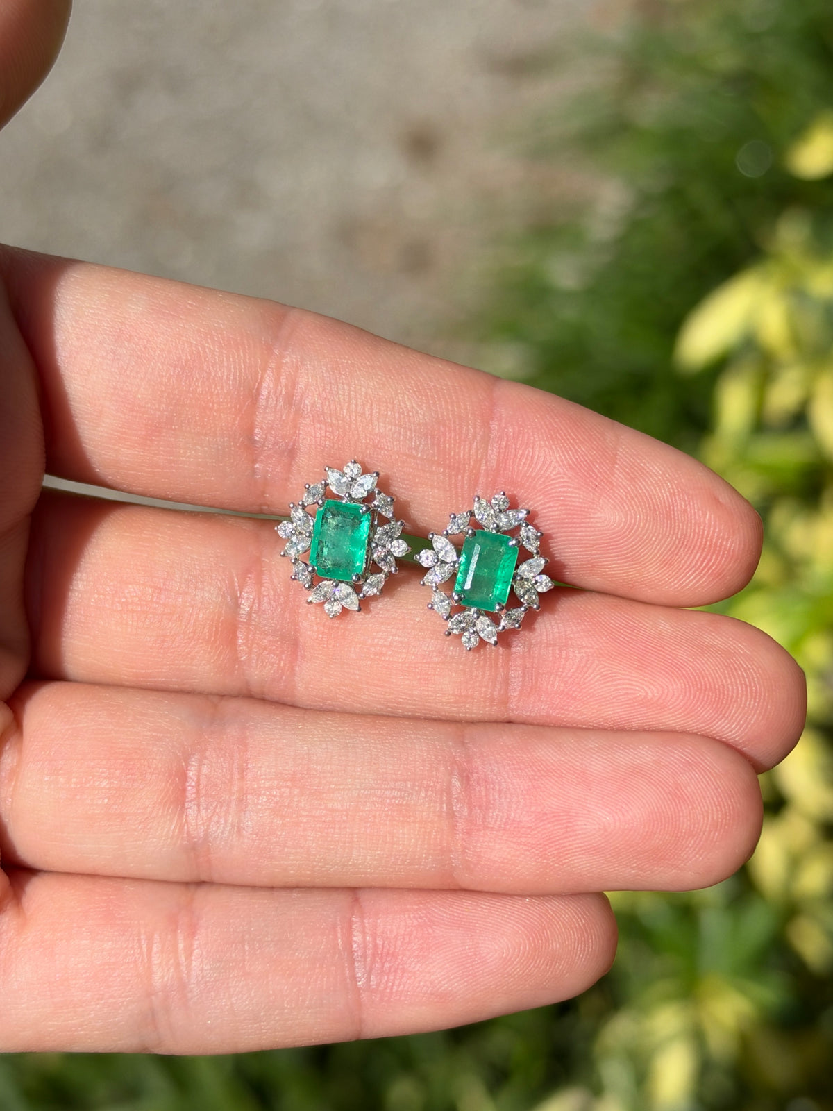 2.67tcw 14K Natural Emerald Cut Emerald & Marquise Diamond Halo Studs
