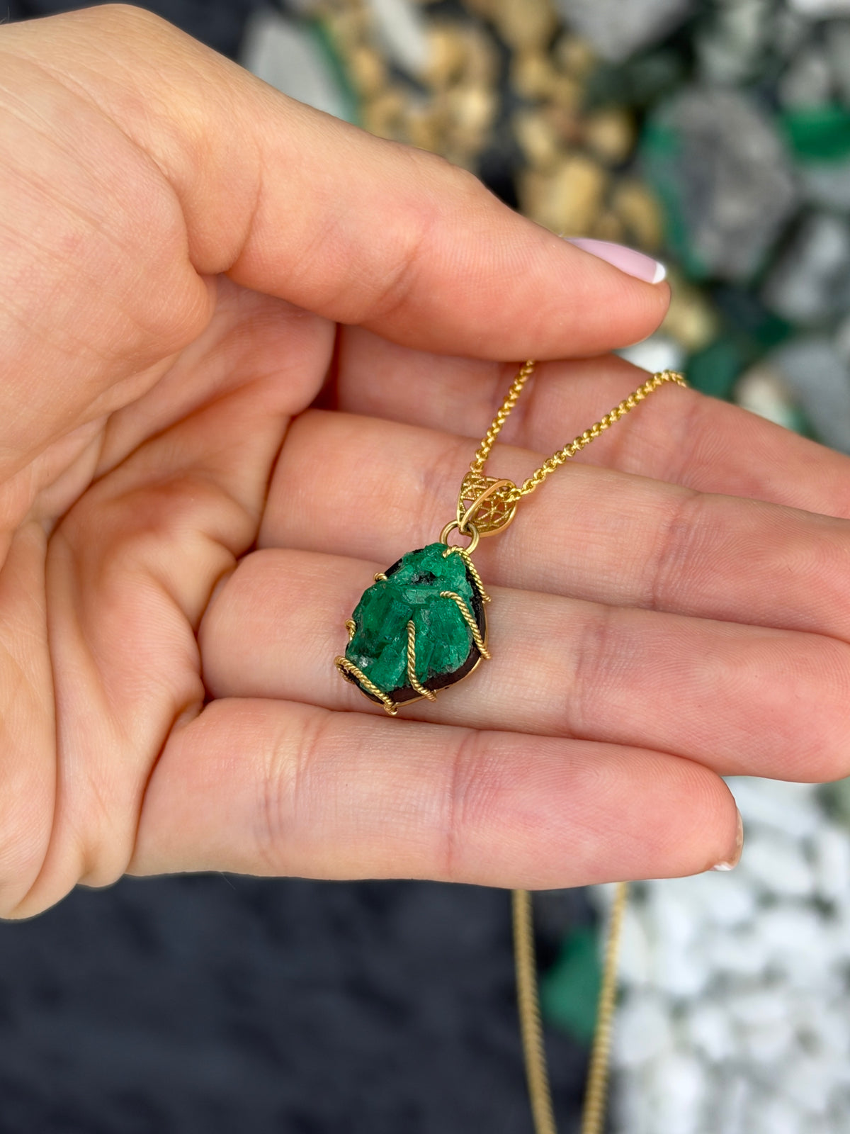 9.30ct 18K natural rough single-terminated Colombian emerald necklace by JR Colombian Emeralds
