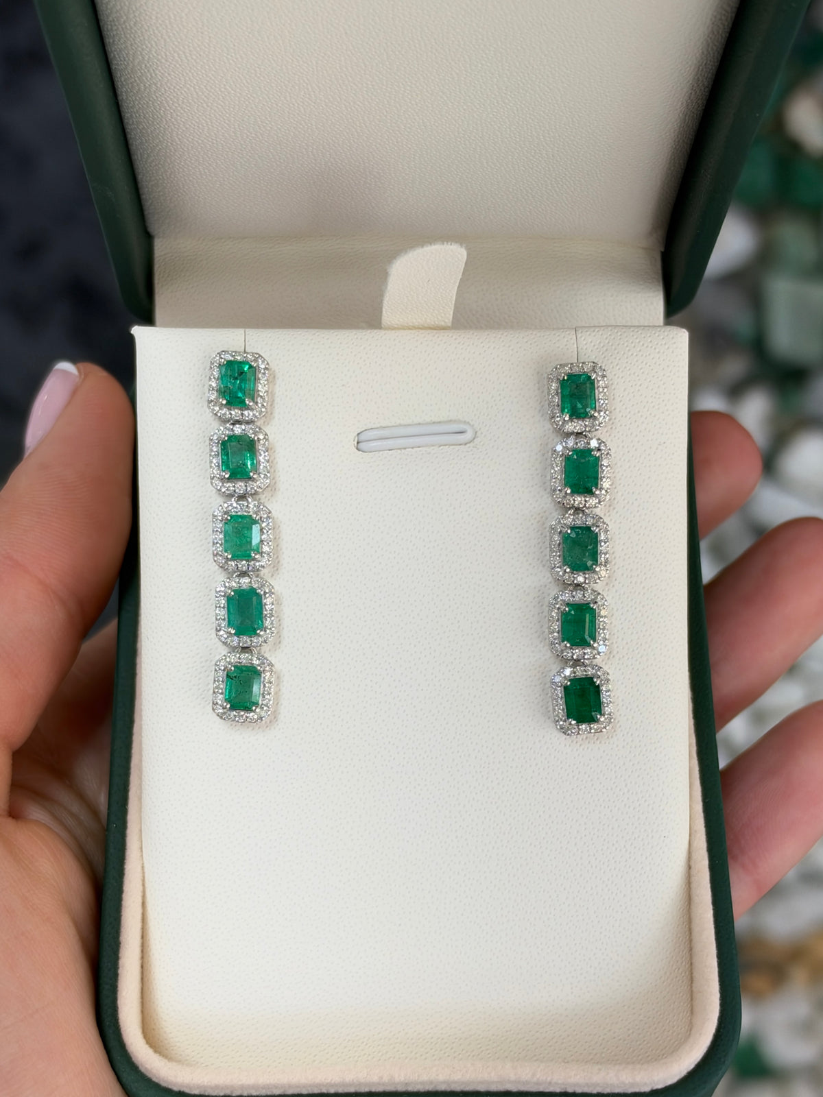 4.70tcw 14K Natural Emerald Cut Emerald & Diamond Halo Chandelier Earrings