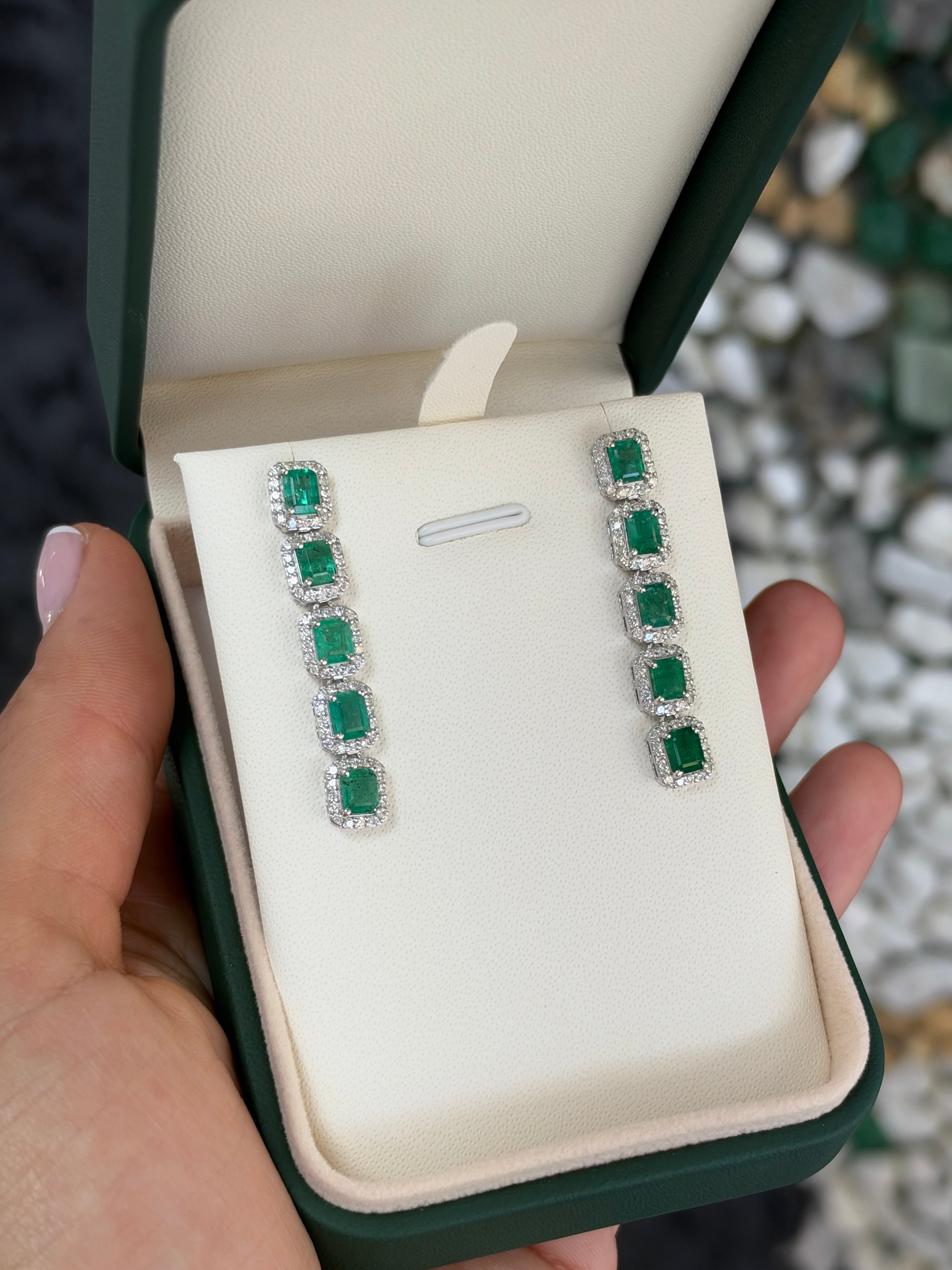 4.70tcw 14K Natural Emerald Cut Emerald & Diamond Halo Chandelier Earrings