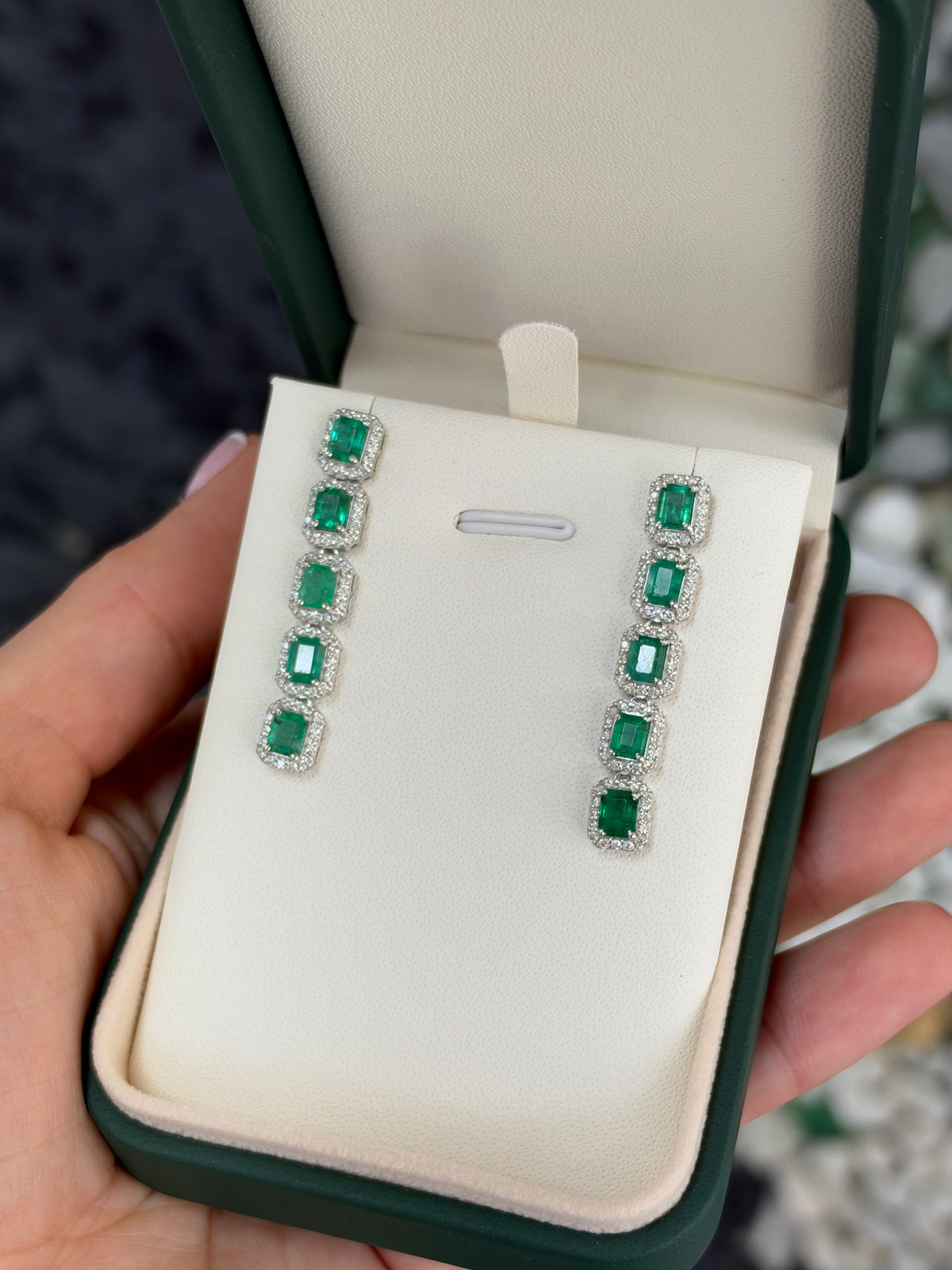 4.70tcw 14K Natural Emerald Cut Emerald & Diamond Halo Chandelier Earrings