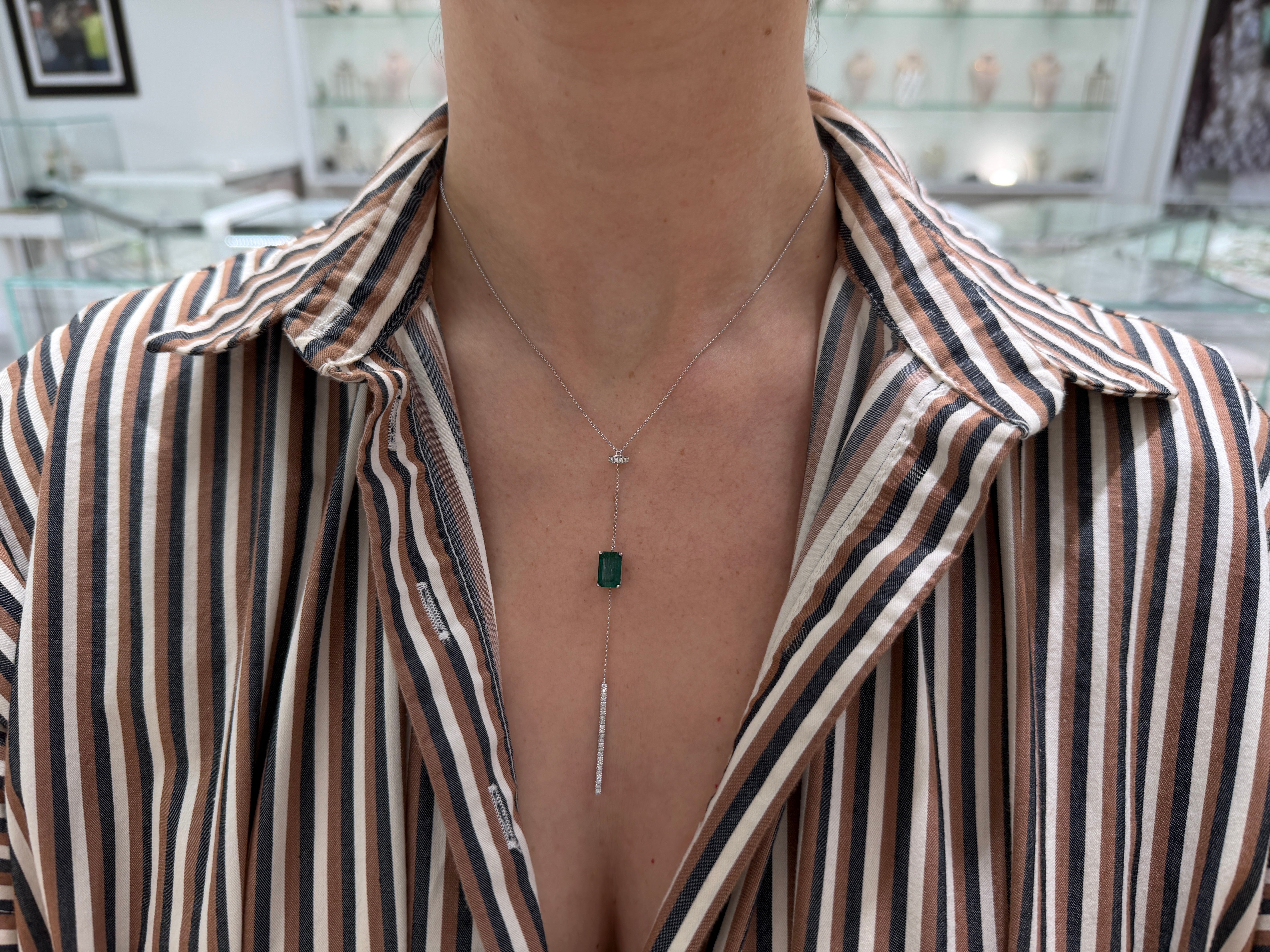 Emerald & Diamond White Gold Lariat Necklace 14K