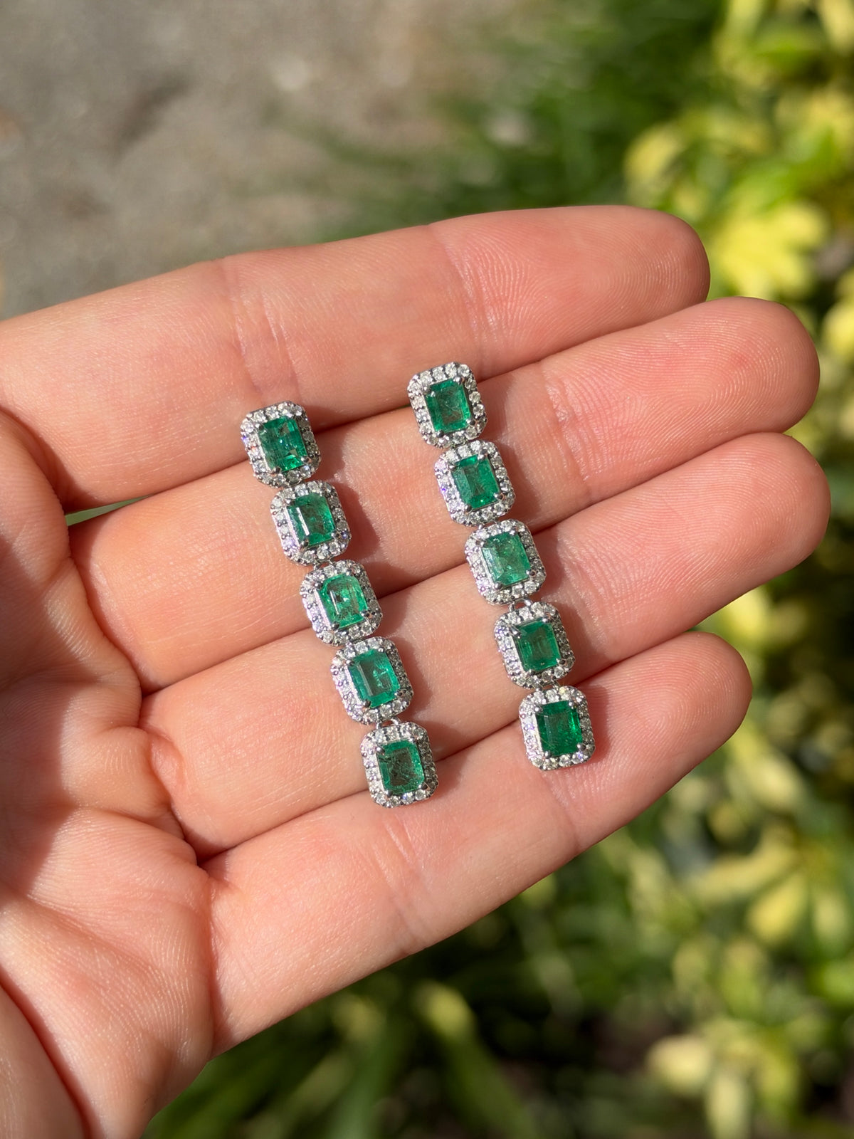 4.70tcw 14K Natural Emerald Cut Emerald & Diamond Halo Chandelier Earrings