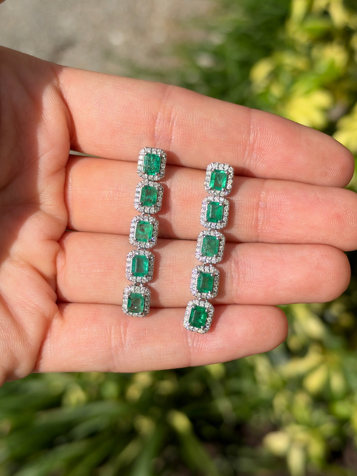 4.70tcw 14K Natural Emerald Cut Emerald & Diamond Halo Chandelier Earrings
