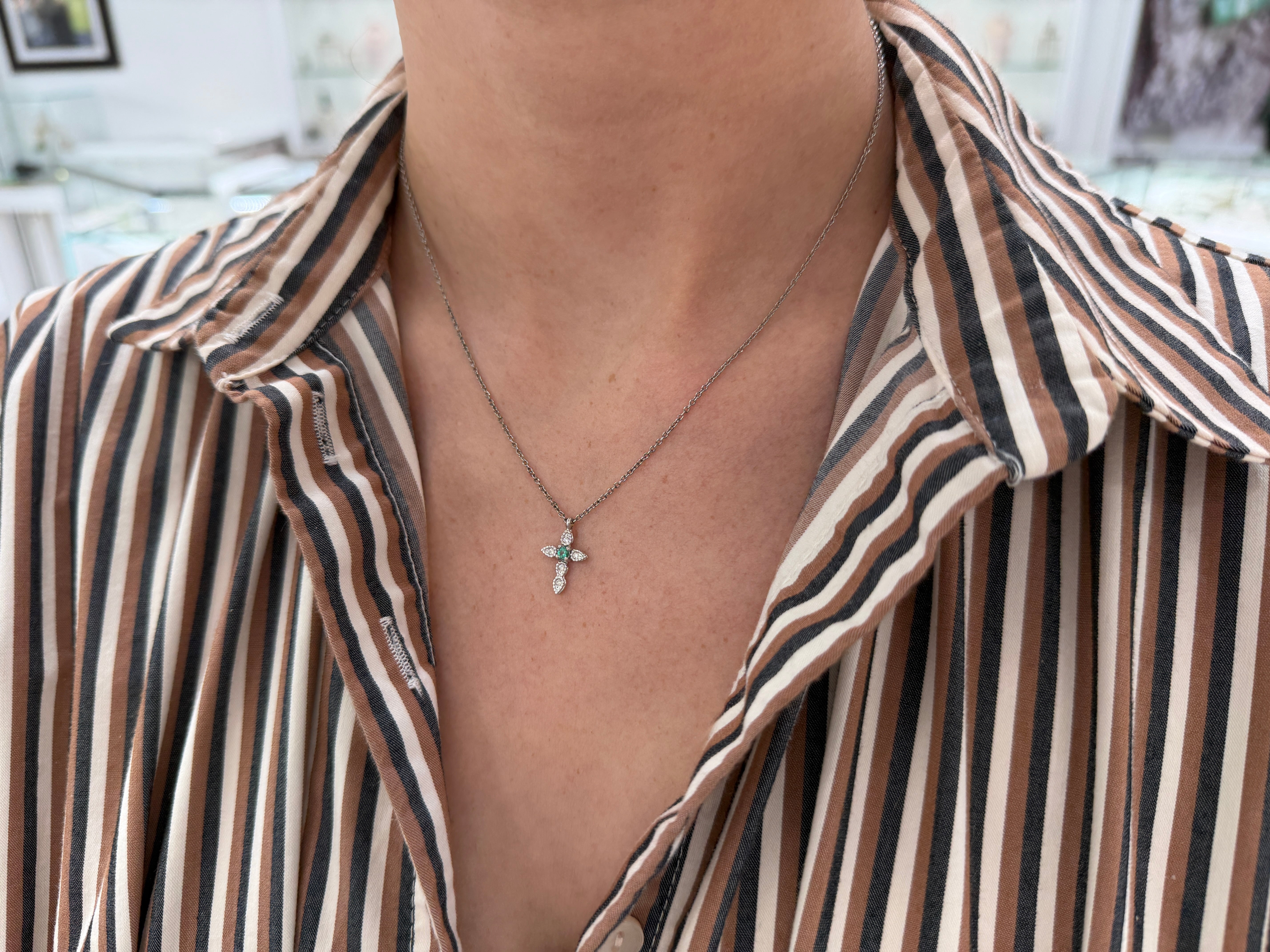 18K White Emerald & Diamond Petite Crosses